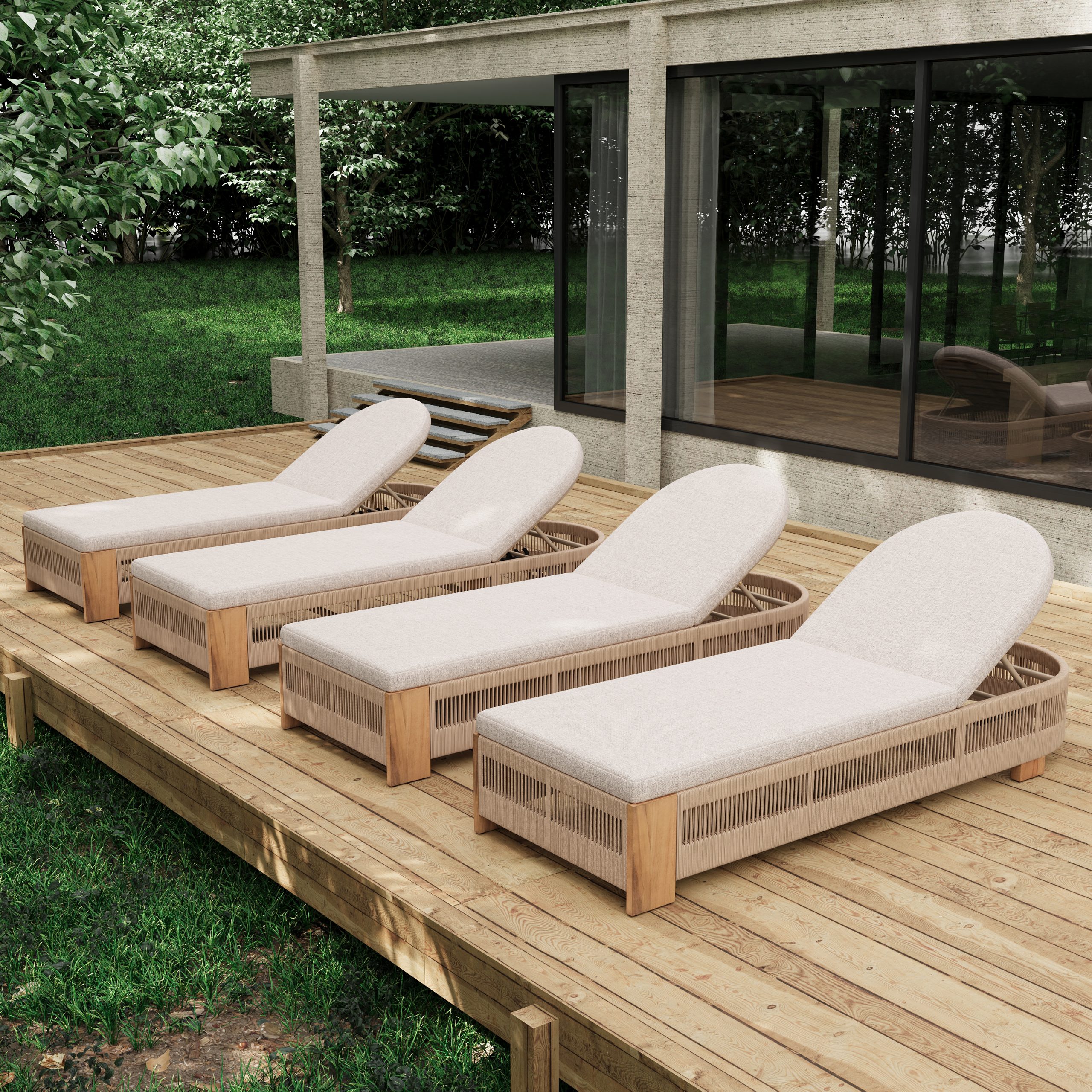 Outdoor Acacia Wood Patio Adjustable Lounge Chair Set of 4 - Uncushioned for Backyard Pool Garden - Beige rope & Natural iron - Image 3