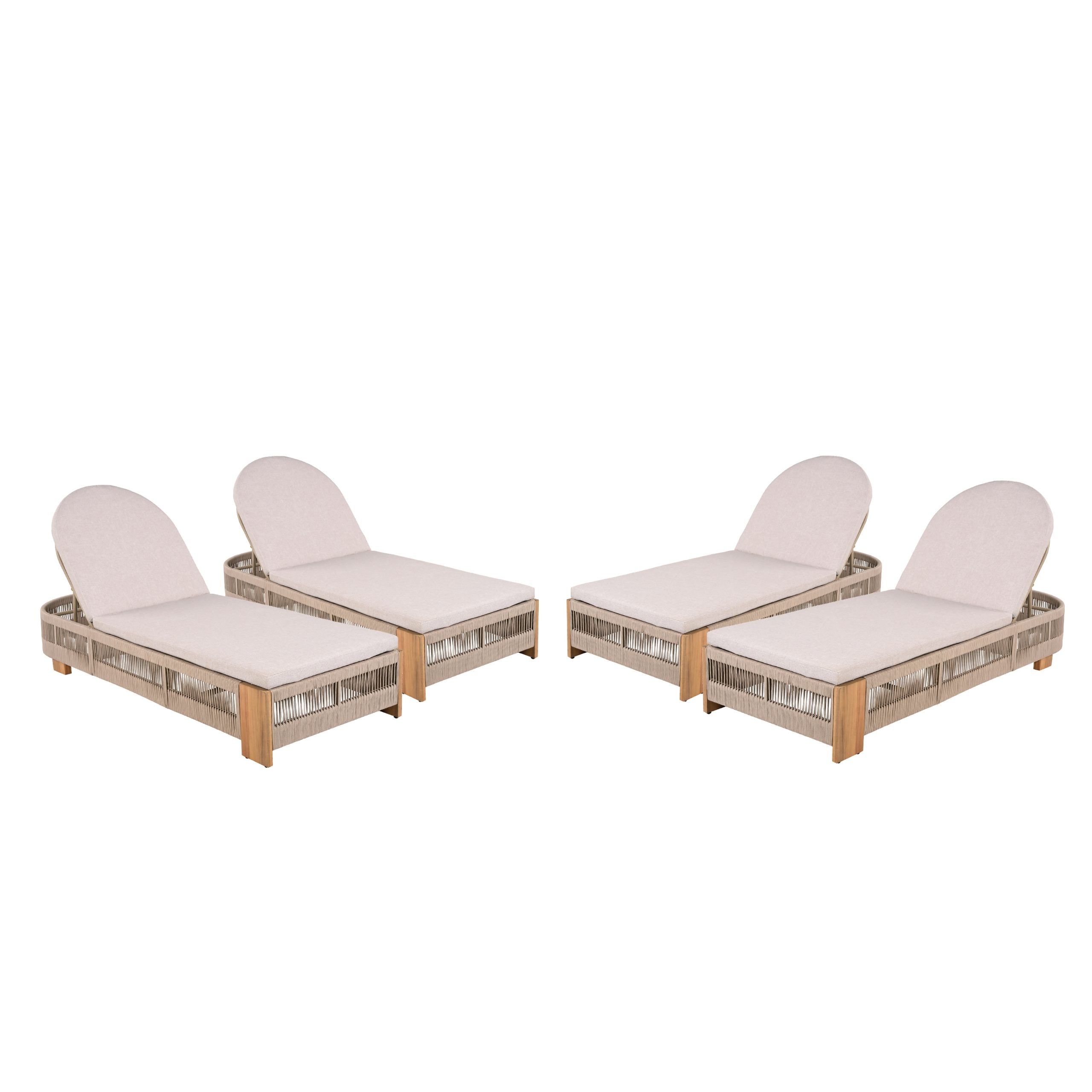 Outdoor Acacia Wood Patio Adjustable Lounge Chair Set of 4 - Uncushioned for Backyard Pool Garden - Beige rope & Natural iron - Image 6