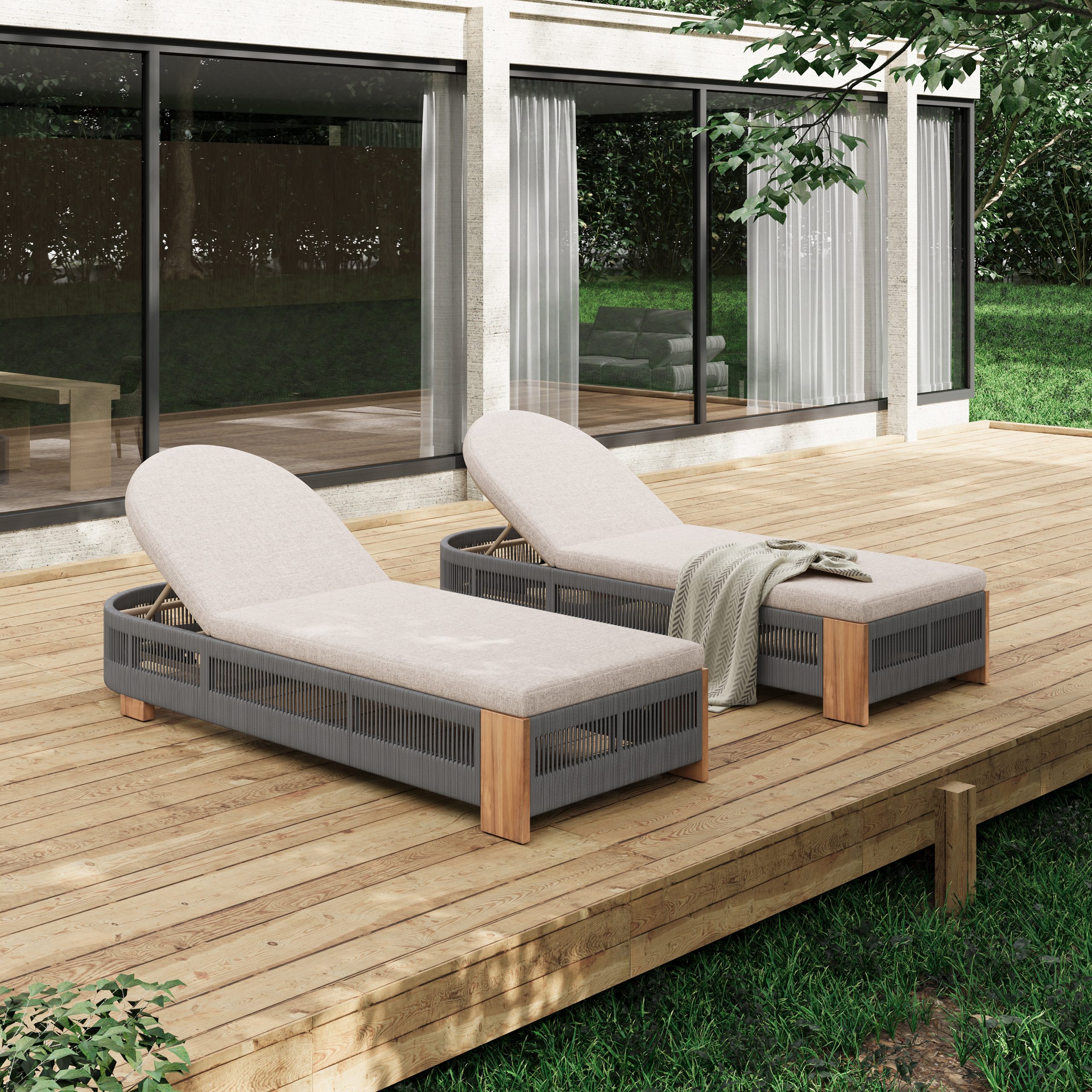Outdoor Acacia Wood Patio Adjustable Lounge Chair Set of 2- Uncushioned for Backyard Pool Garden-Grey rope & Natural iron - Image 3