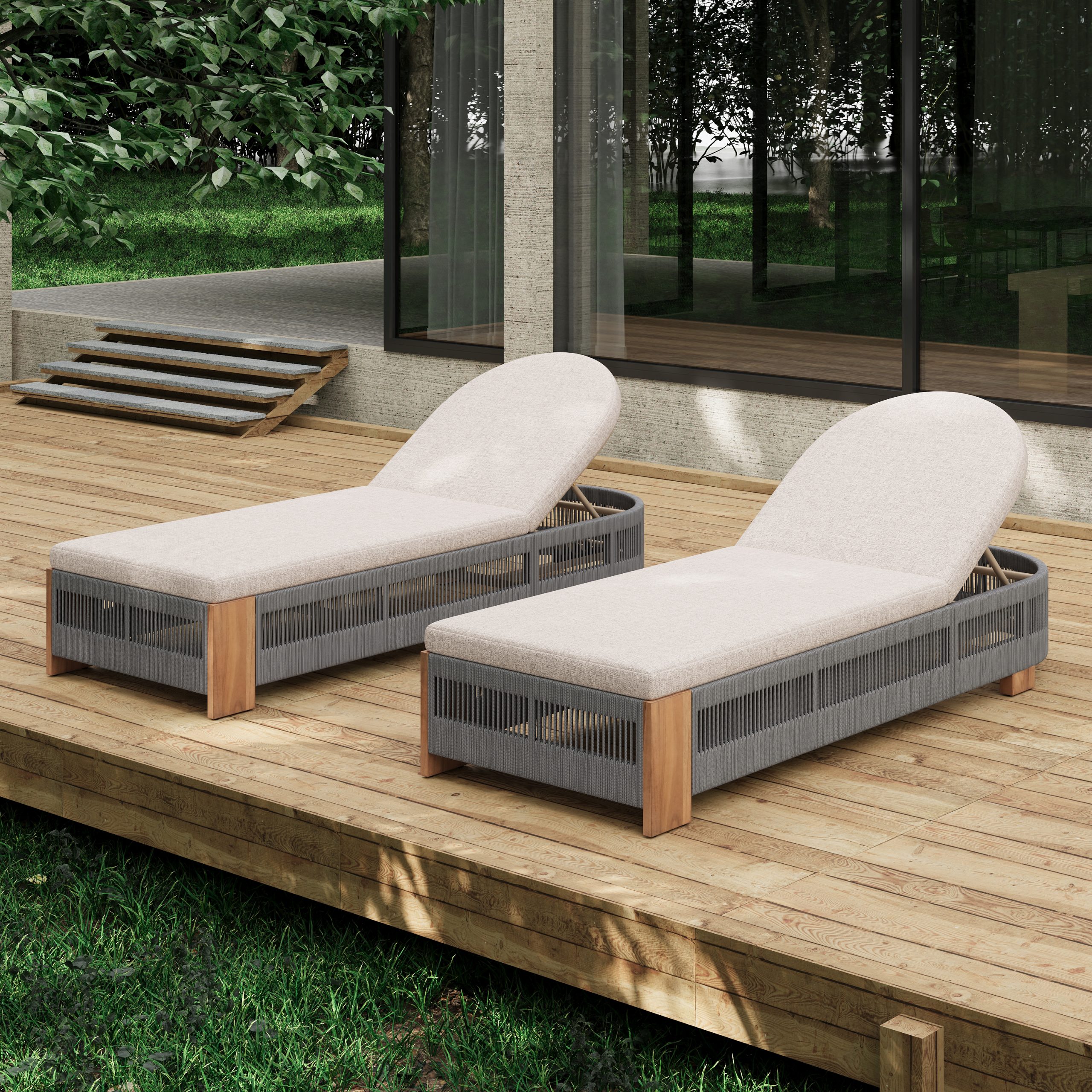 Outdoor Acacia Wood Patio Adjustable Lounge Chair Set of 2- Uncushioned for Backyard Pool Garden-Grey rope & Natural iron - Image 4