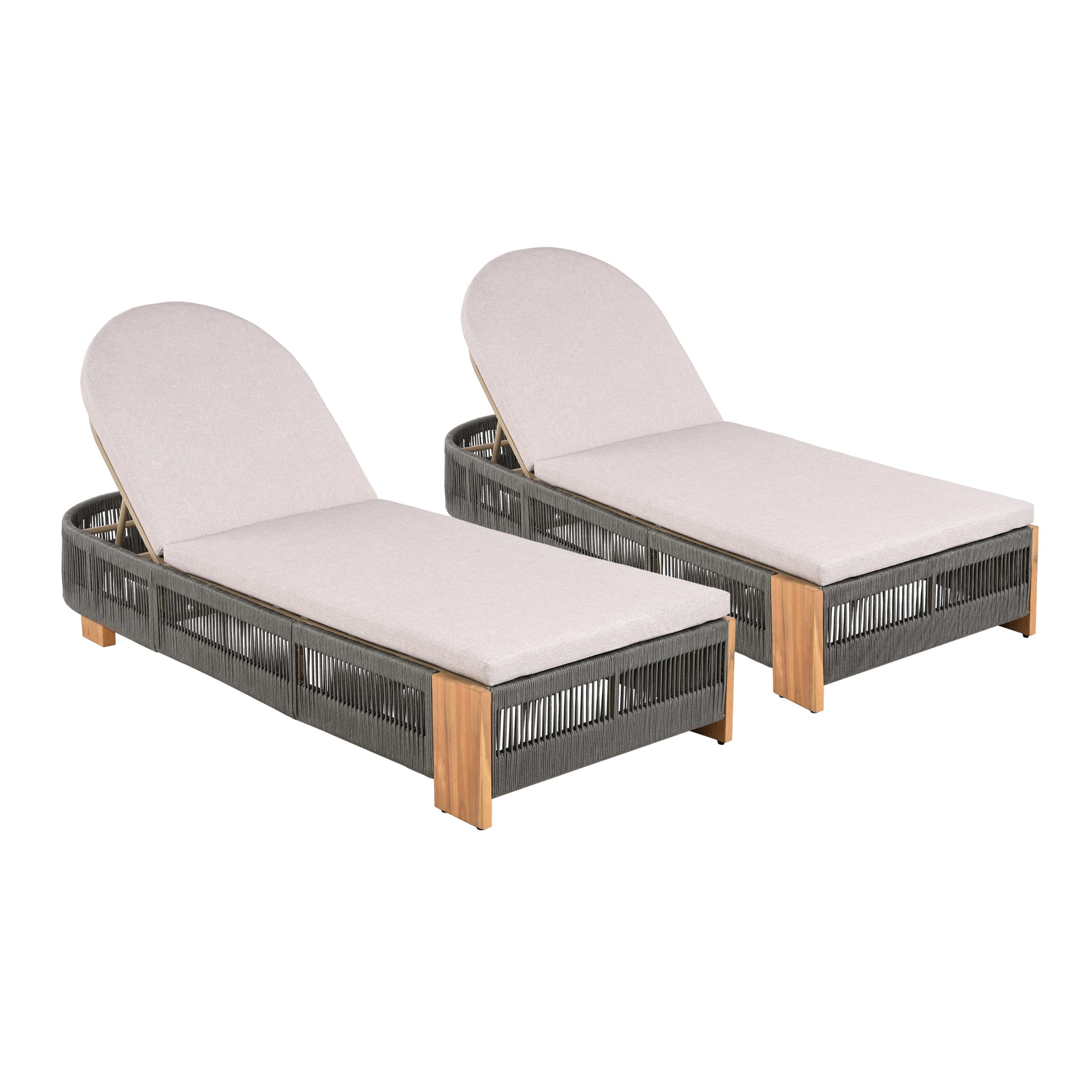 Outdoor Acacia Wood Patio Adjustable Lounge Chair Set of 2- Uncushioned for Backyard Pool Garden-Grey rope & Natural iron - Image 5