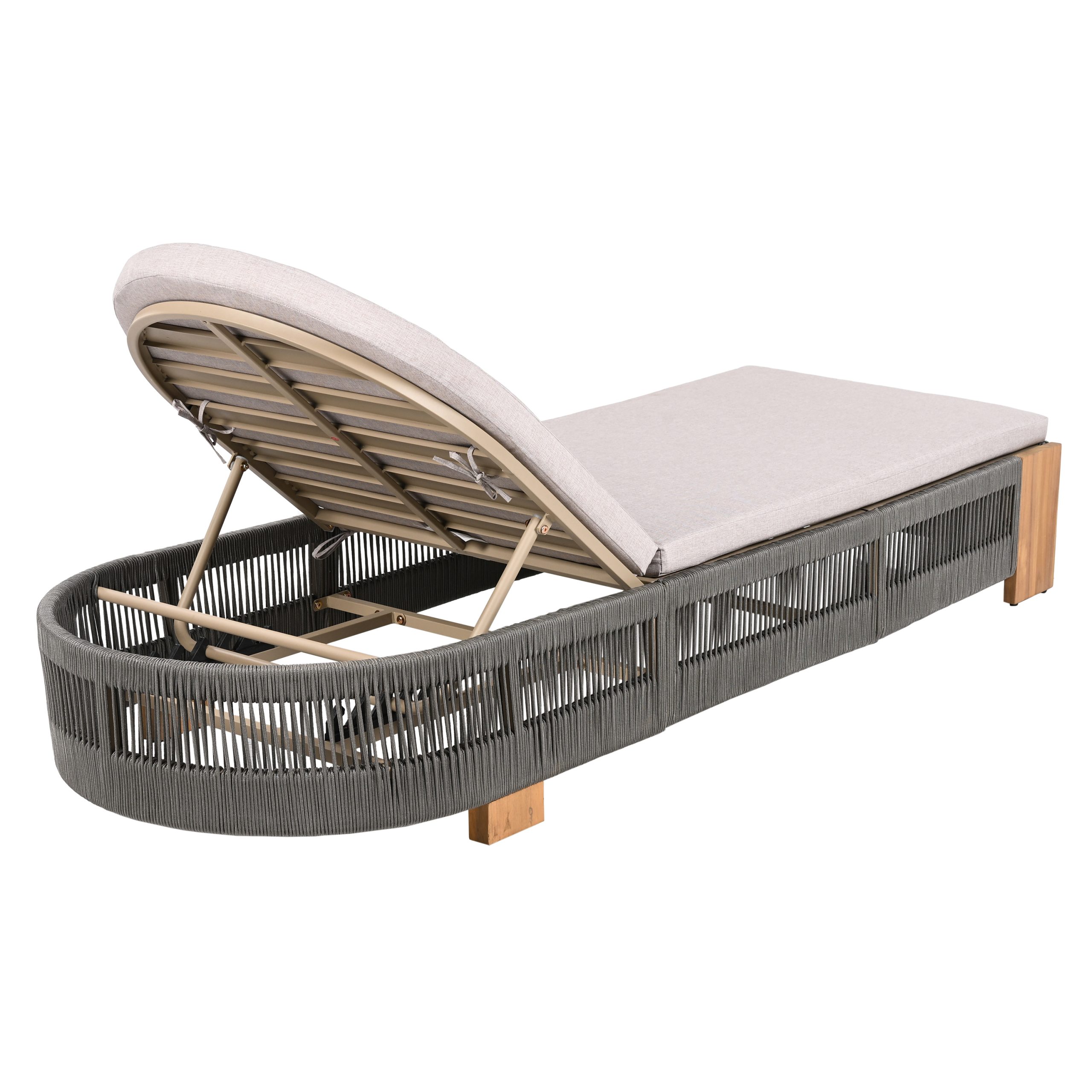 Outdoor Acacia Wood Patio Adjustable Lounge Chair Set of 2- Uncushioned for Backyard Pool Garden-Grey rope & Natural iron - Image 6