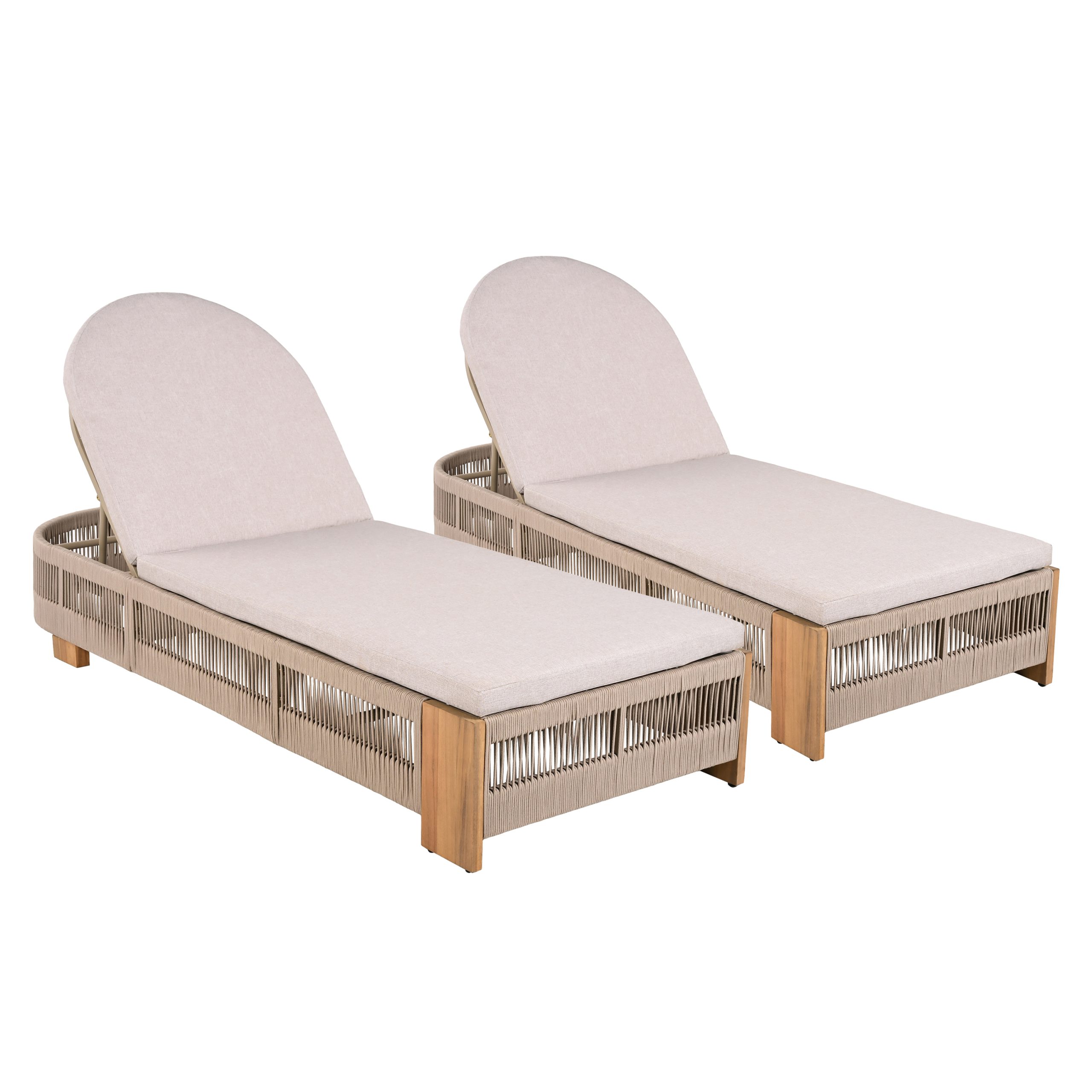Outdoor Acacia Wood Patio Adjustable Lounge Chair Set of 2 - Uncushioned for Backyard Pool Garden - Beige rope & Natural iron - Image 3