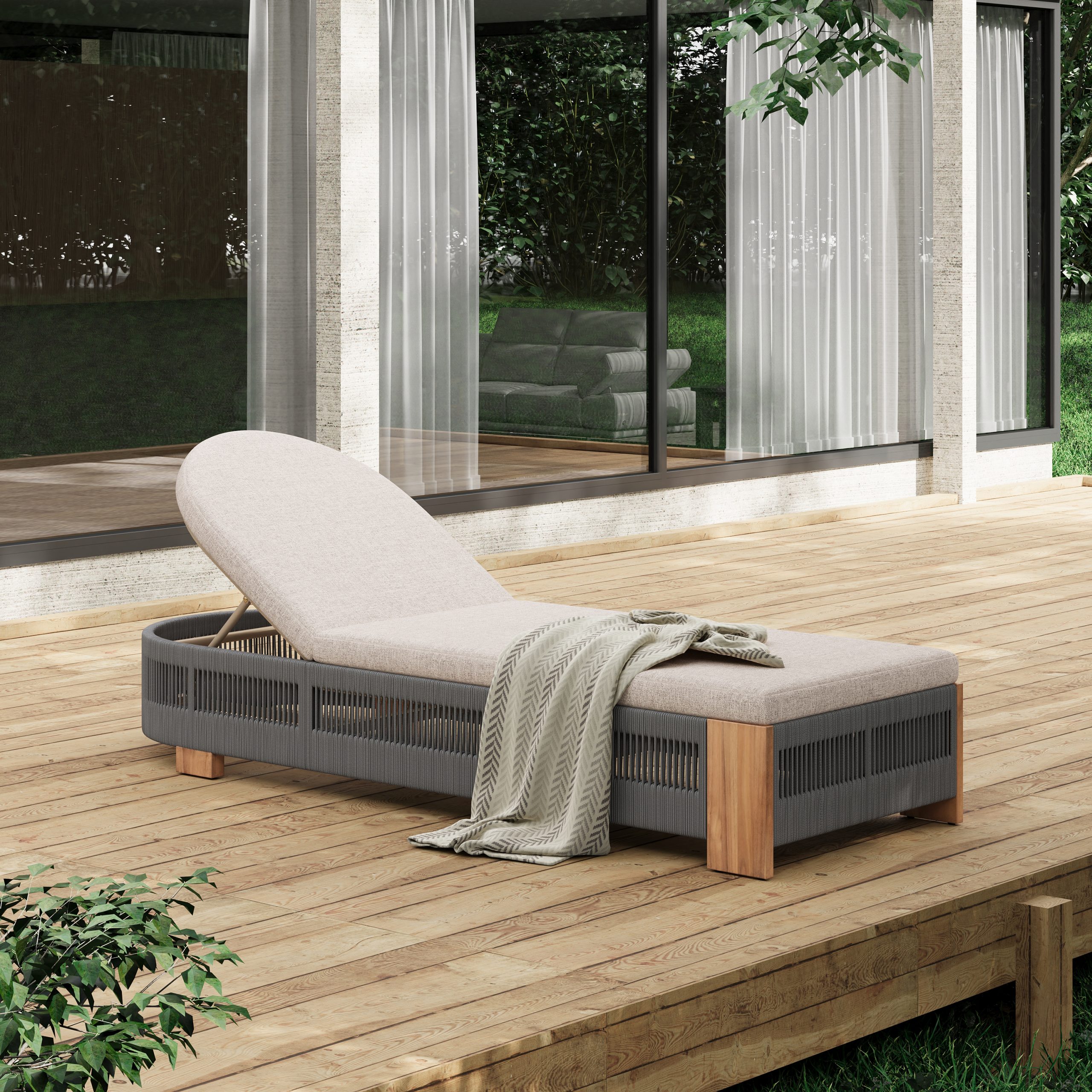 Outdoor Chaise Lounge Chair, Acacia wood Pool Chair with Adjustable Backrest and Cushion, Outdoor Lounge Chair for Beach, Yard, or Poolside (Grey rope) - Image 2