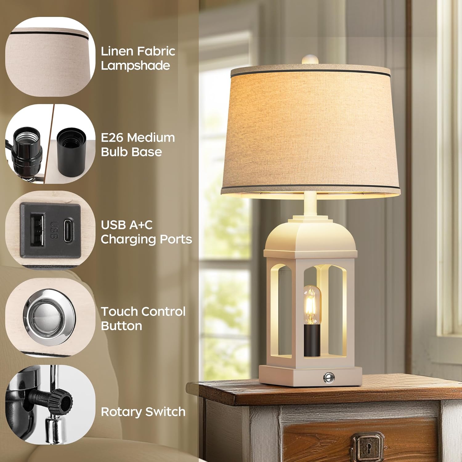 Table Lamp for Living Room, Farmhouse Lamps Set of 2 with USB A+C and Nightlight, 26" Rustic Bedside Lamps with 3-Way Dimmable, Touch Nightstand Lamp for Bedroom, White - Image 2