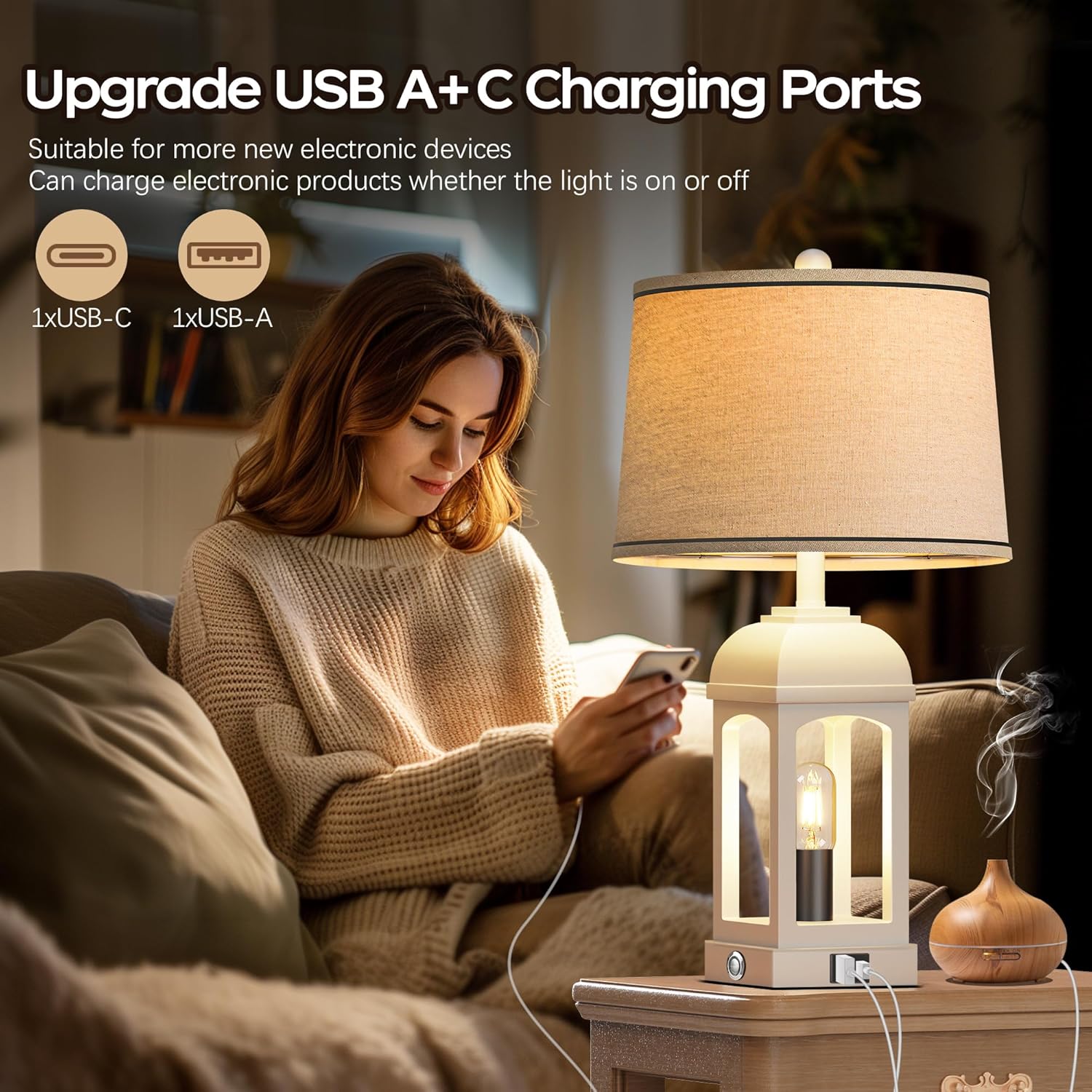 Table Lamp for Living Room, Farmhouse Lamps Set of 2 with USB A+C and Nightlight, 26" Rustic Bedside Lamps with 3-Way Dimmable, Touch Nightstand Lamp for Bedroom, White - Image 4