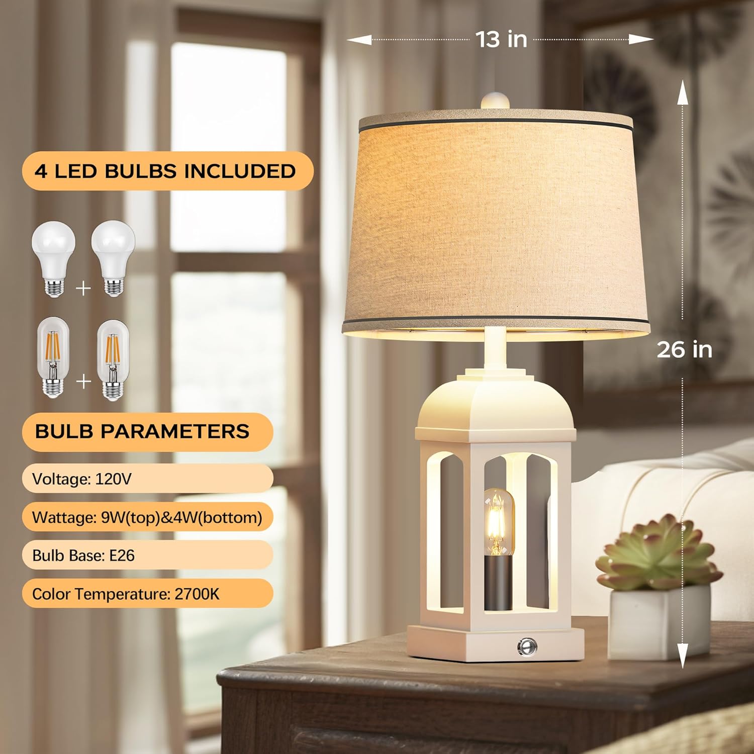 Table Lamp for Living Room, Farmhouse Lamps Set of 2 with USB A+C and Nightlight, 26" Rustic Bedside Lamps with 3-Way Dimmable, Touch Nightstand Lamp for Bedroom, White - Image 6