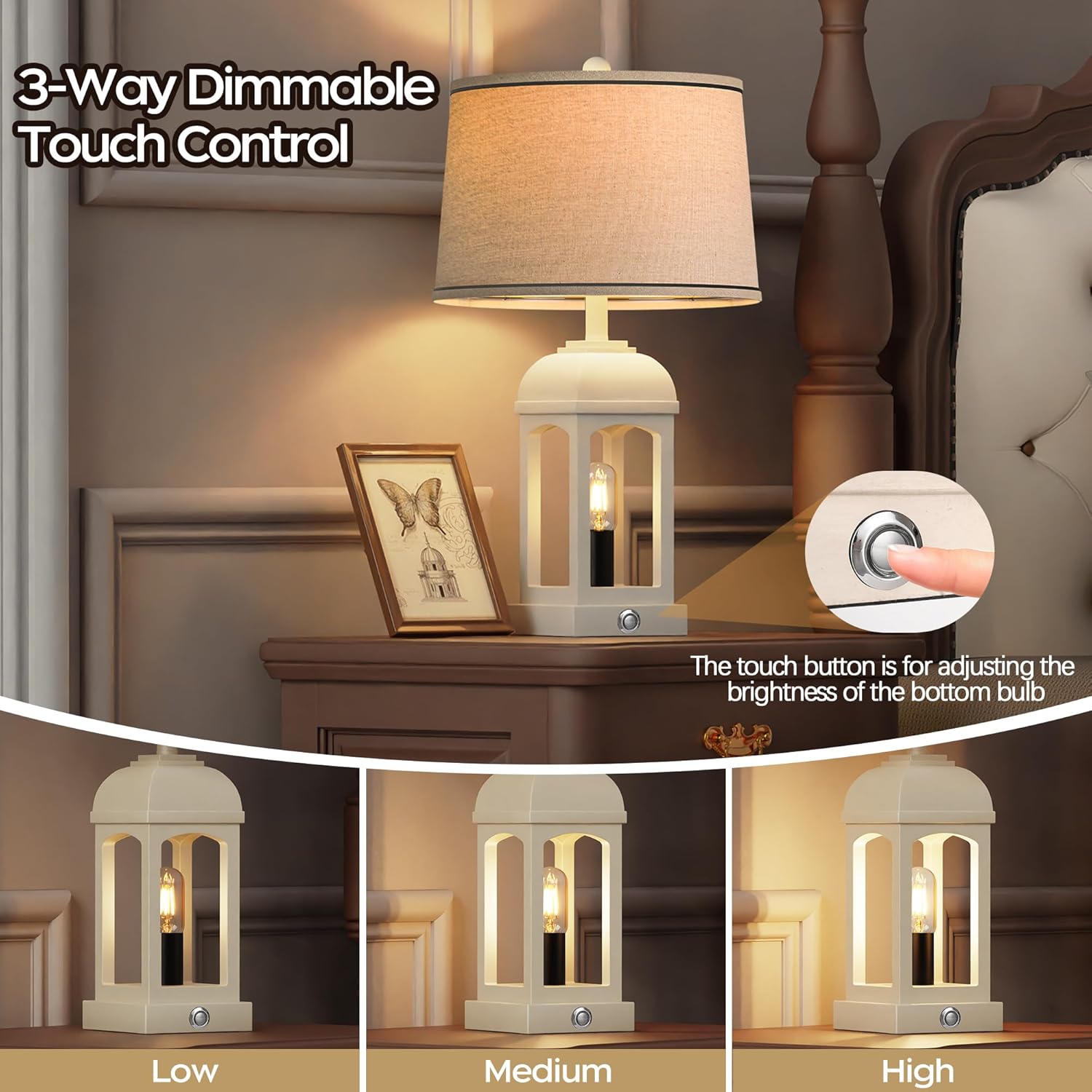 Table Lamp for Living Room, Farmhouse Lamps Set of 2 with USB A+C and Nightlight, 26" Rustic Bedside Lamps with 3-Way Dimmable, Touch Nightstand Lamp for Bedroom, White - Image 5