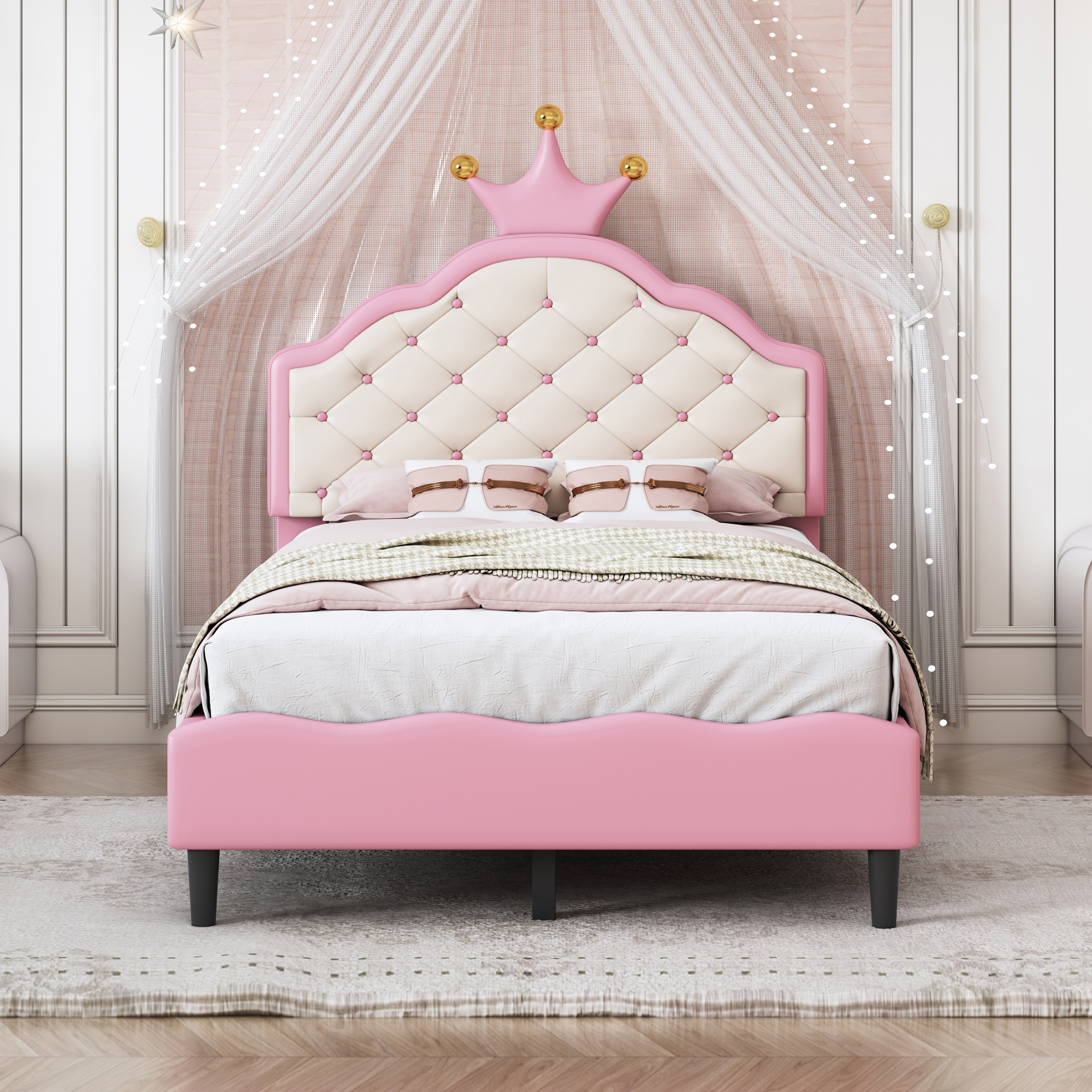 Twin Size Lovely Crown Fantasy PU Leather Princess Bed with Tufted Headboard, Pink+Cream - Image 3