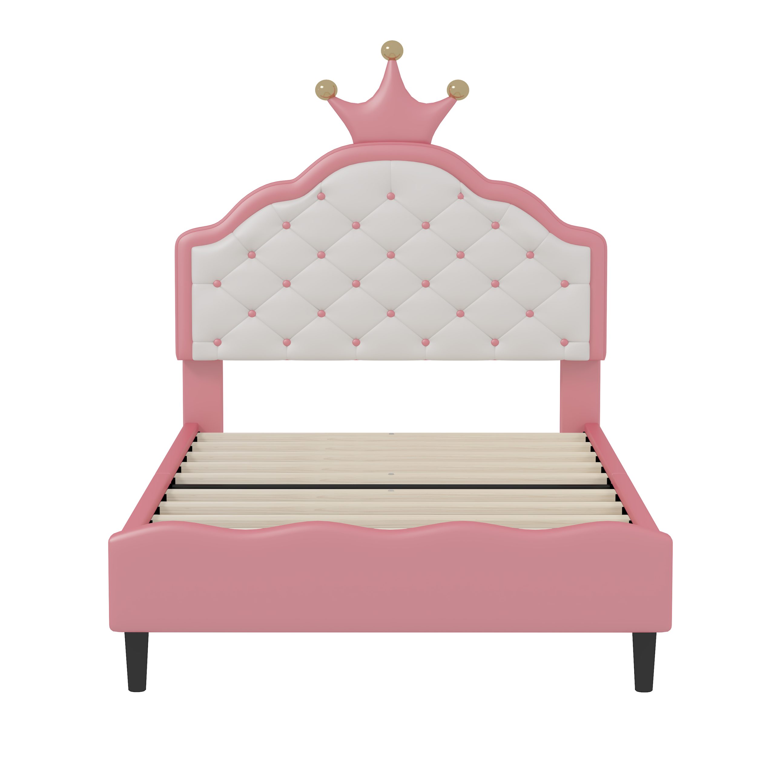 Twin Size Lovely Crown Fantasy PU Leather Princess Bed with Tufted Headboard, Pink+Cream - Image 4
