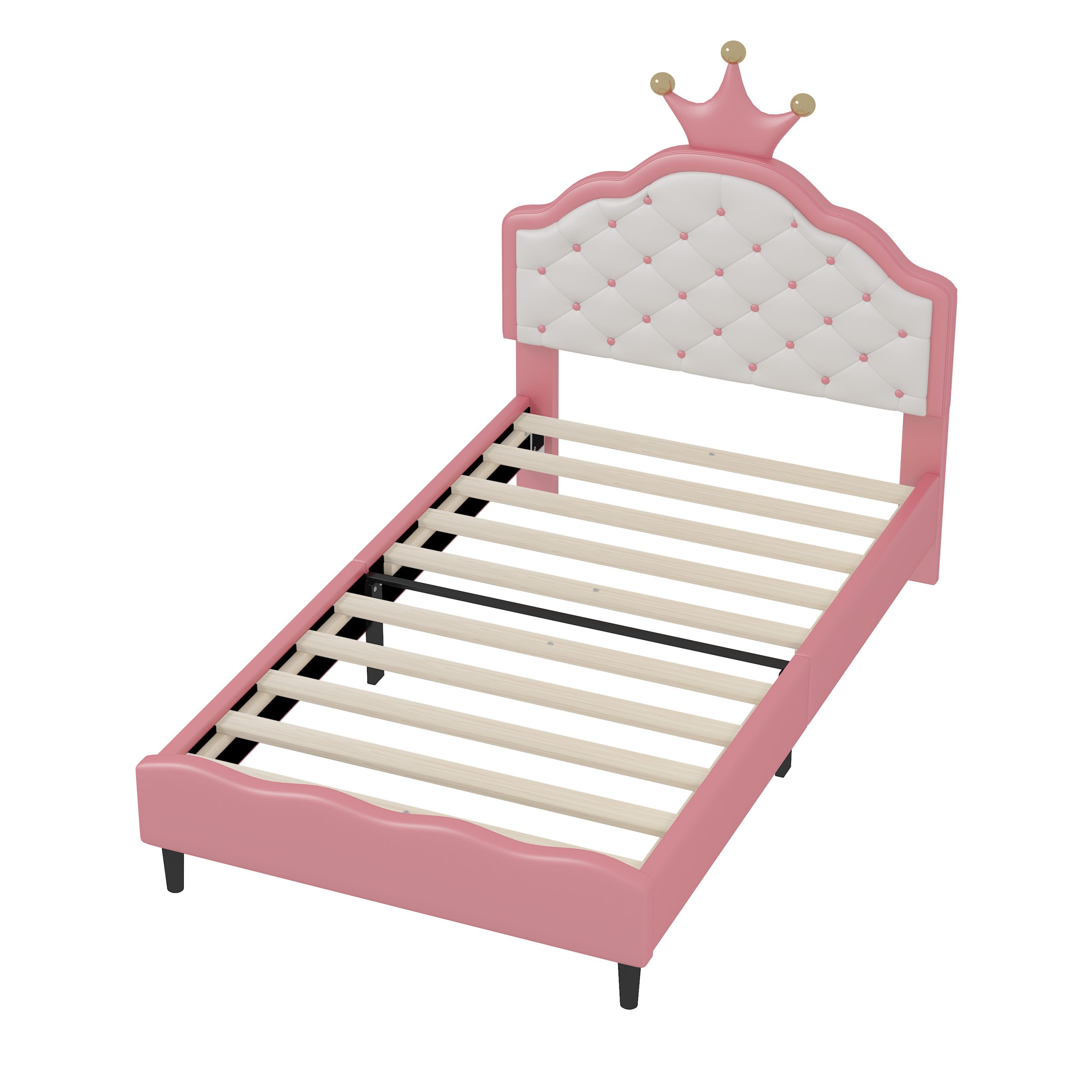 Twin Size Lovely Crown Fantasy PU Leather Princess Bed with Tufted Headboard, Pink+Cream - Image 5