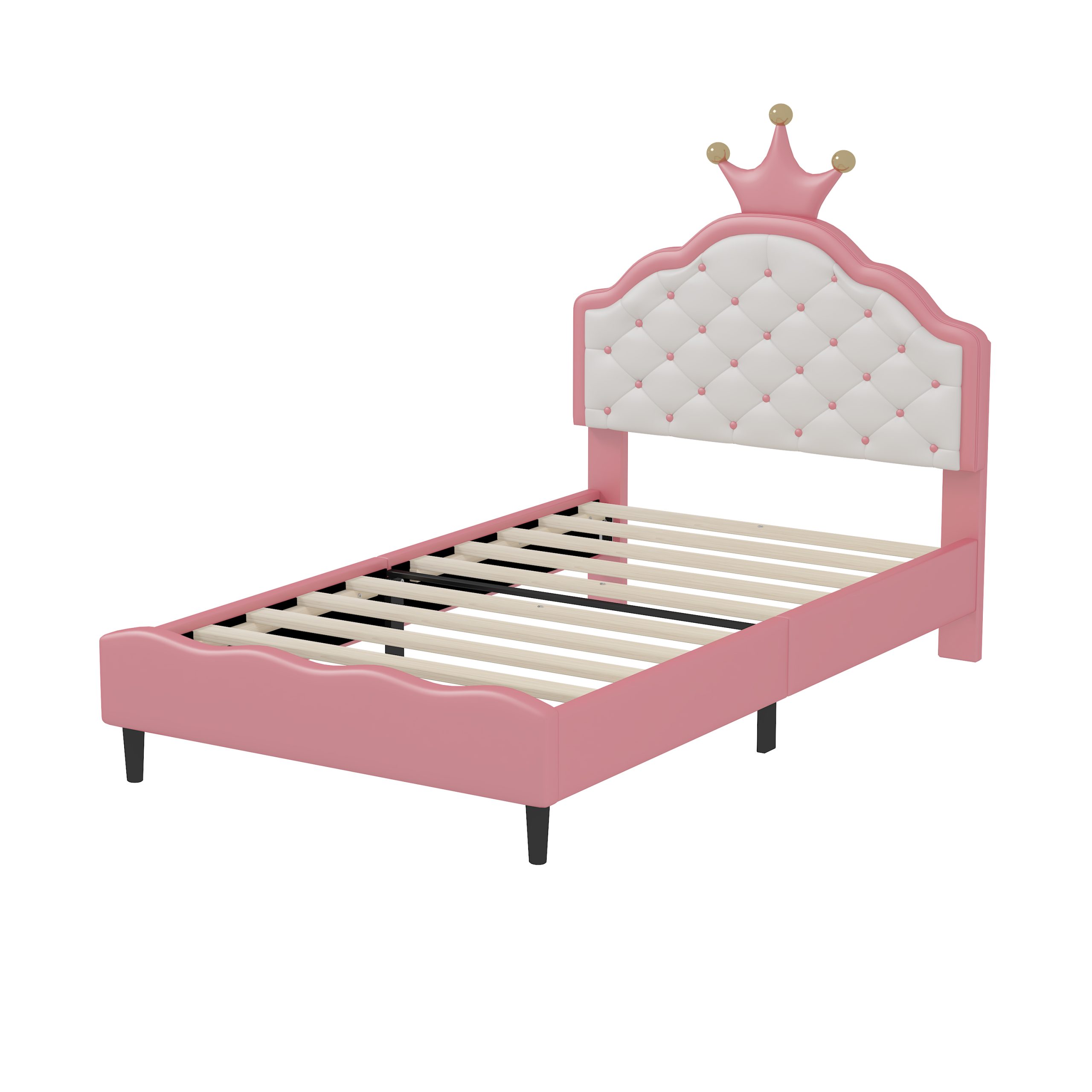 Twin Size Lovely Crown Fantasy PU Leather Princess Bed with Tufted Headboard, Pink+Cream - Image 6