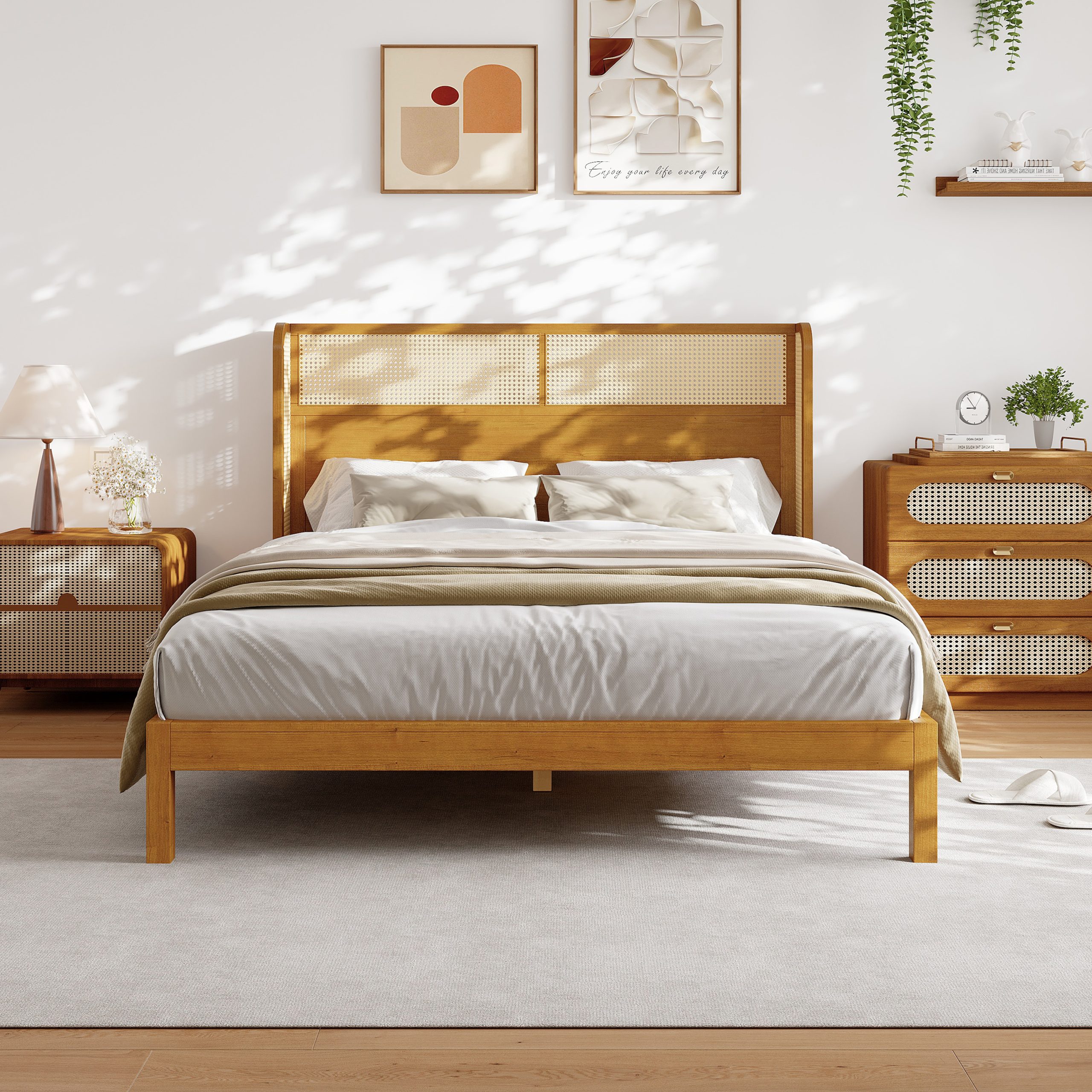 Premium Rubber Wood Platform Bed Frame, Queen Bed Frame with Headboard Included, Mid Century Modern Bed With Natural Color - Image 2