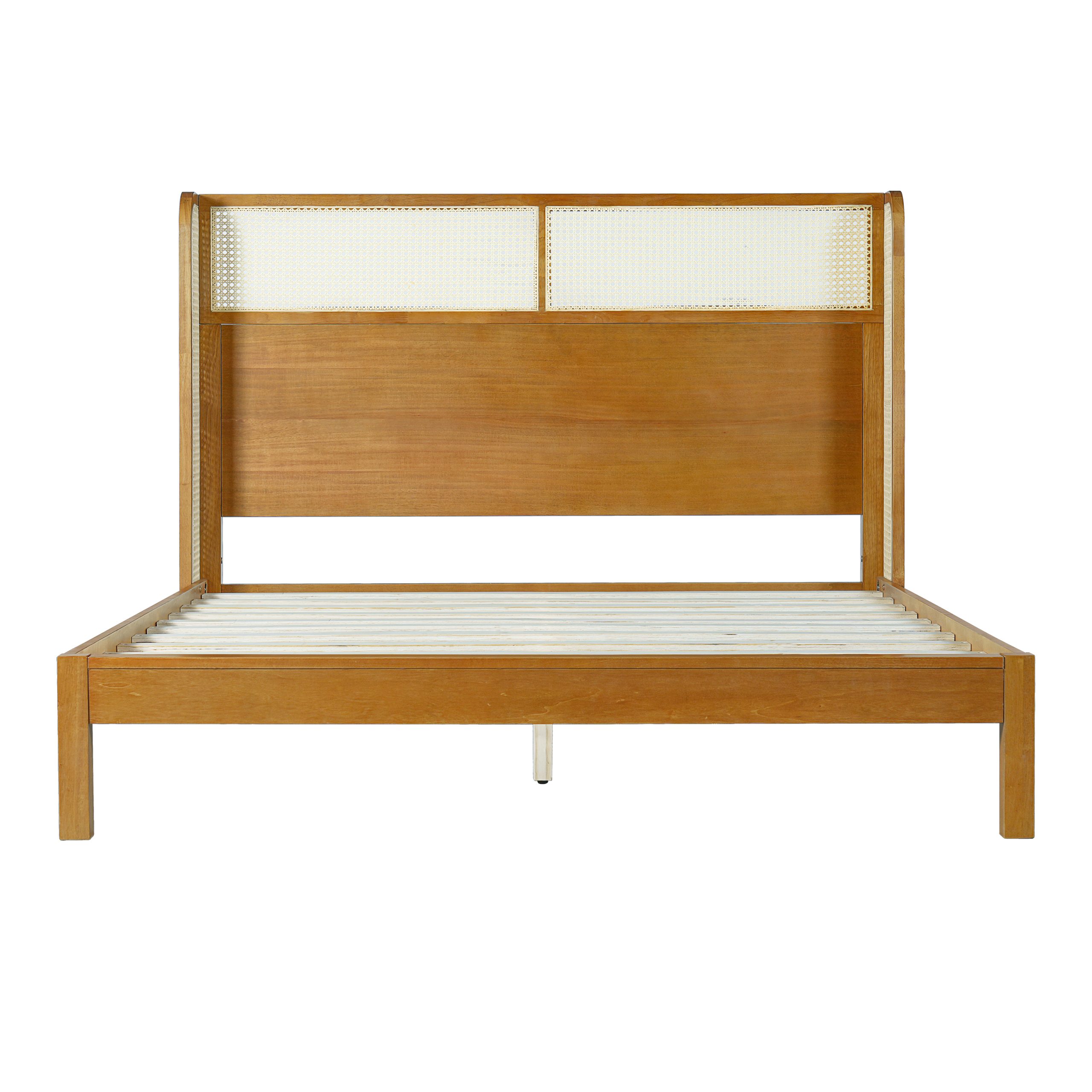 Premium Rubber Wood Platform Bed Frame, Queen Bed Frame with Headboard Included, Mid Century Modern Bed With Natural Color - Image 6