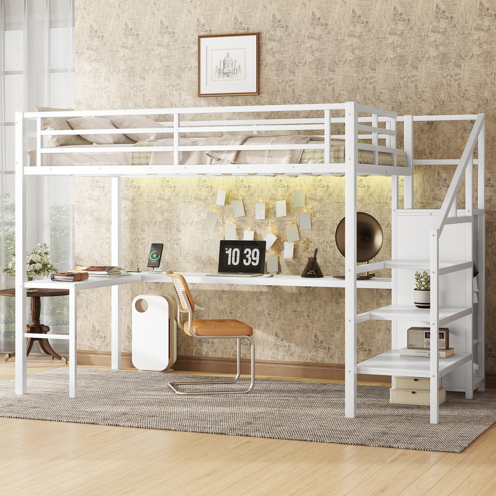 Full Size Loft Bed with L-shaped Desk and USB, Metal Loft Bed with Wardrobe and Adjustable Shelf, High Loft Bed with LED for Kids Teens Adults, White - Image 1