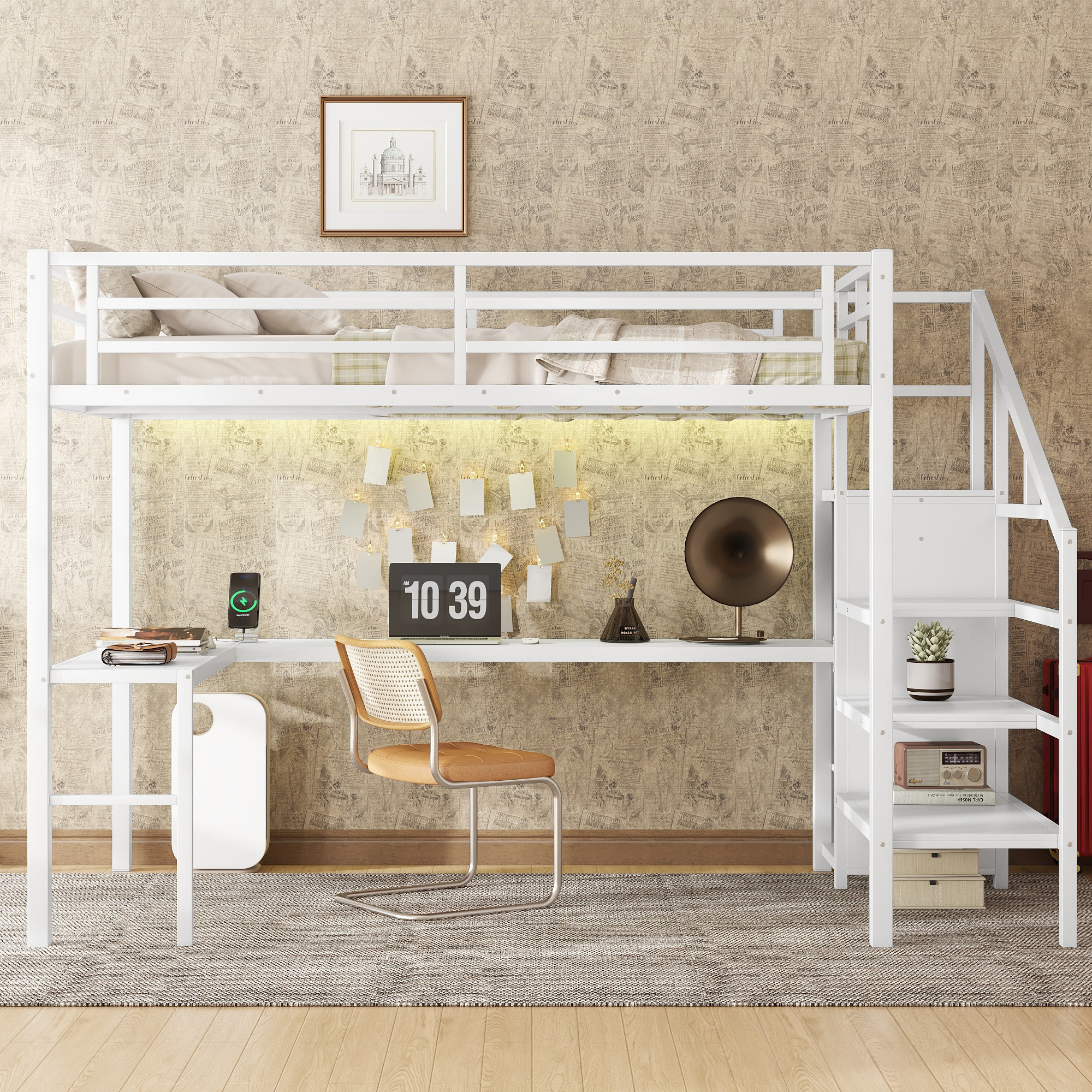 Full Size Loft Bed with L-shaped Desk and USB, Metal Loft Bed with Wardrobe and Adjustable Shelf, High Loft Bed with LED for Kids Teens Adults, White - Image 2