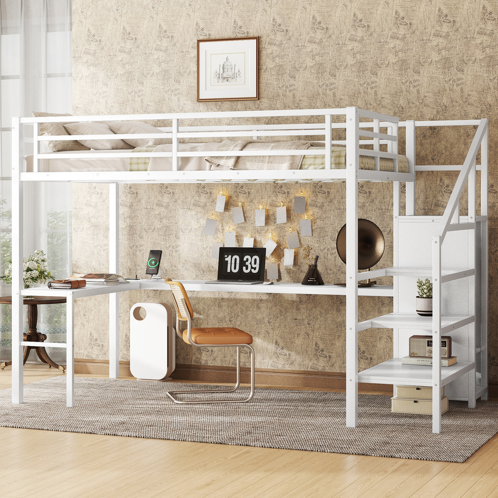 Full Size Loft Bed with L-shaped Desk and USB, Metal Loft Bed with Wardrobe and Adjustable Shelf, High Loft Bed with LED for Kids Teens Adults, White - Image 3
