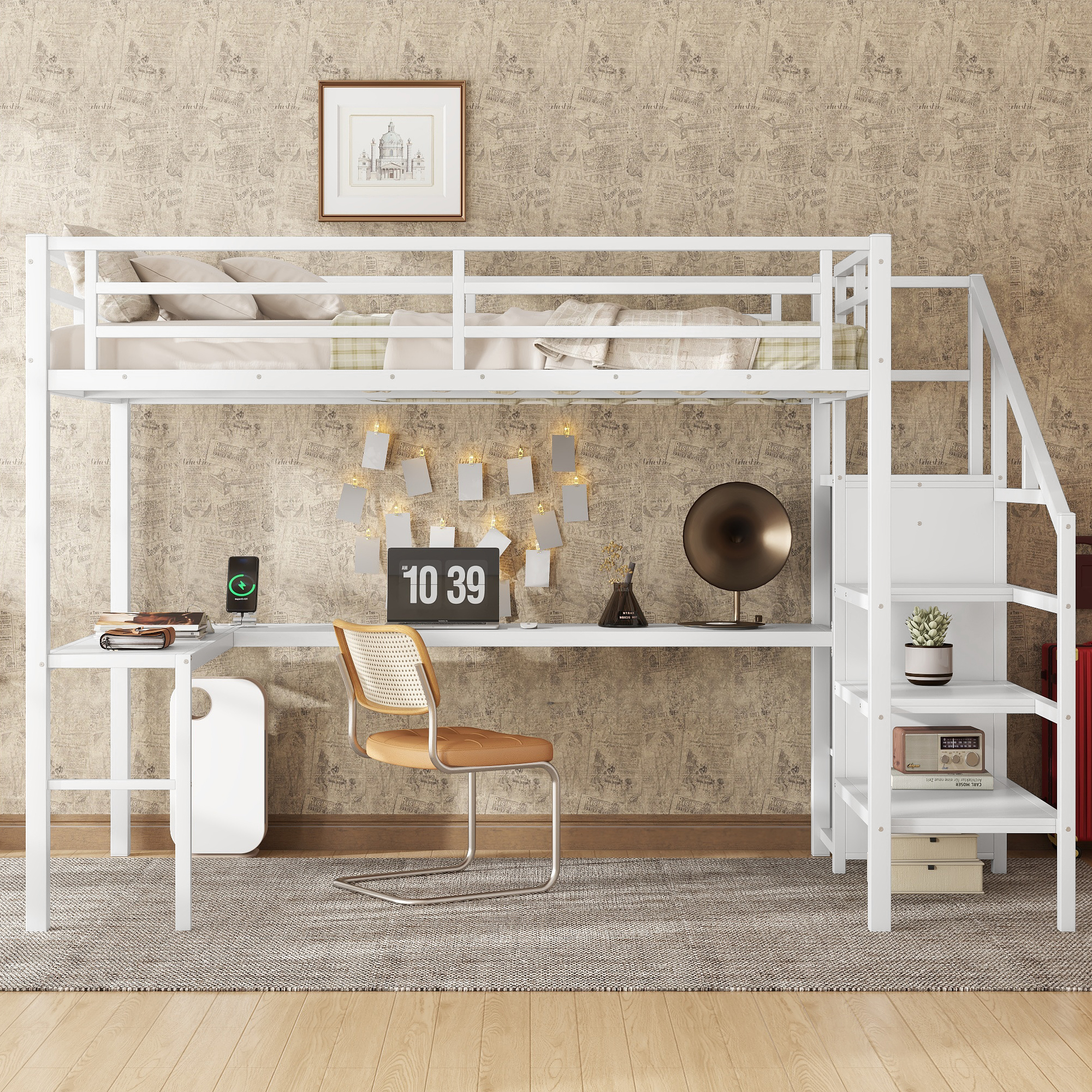Full Size Loft Bed with L-shaped Desk and USB, Metal Loft Bed with Wardrobe and Adjustable Shelf, High Loft Bed with LED for Kids Teens Adults, White - Image 4