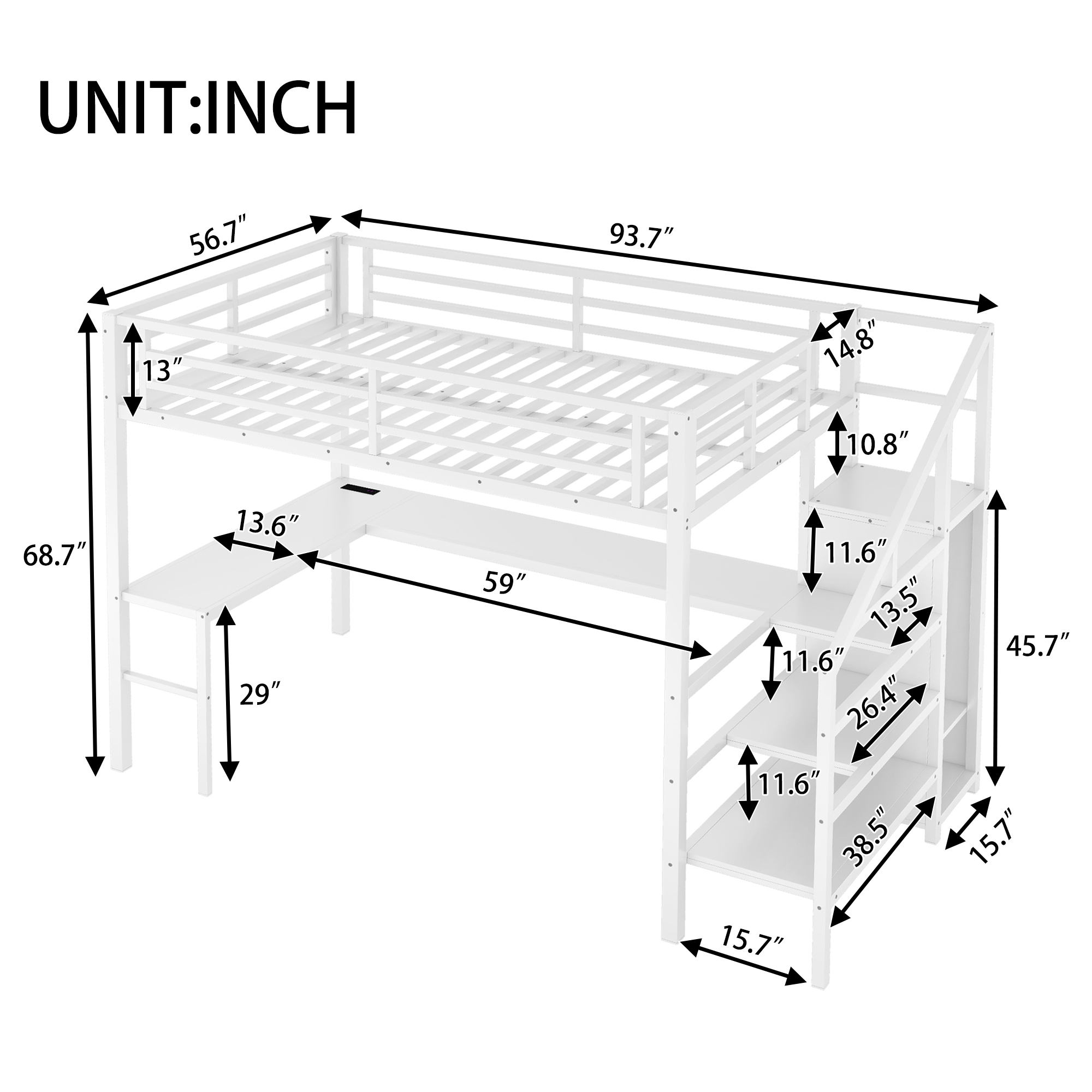 Full Size Loft Bed with L-shaped Desk and USB, Metal Loft Bed with Wardrobe and Adjustable Shelf, High Loft Bed with LED for Kids Teens Adults, White - Image 5