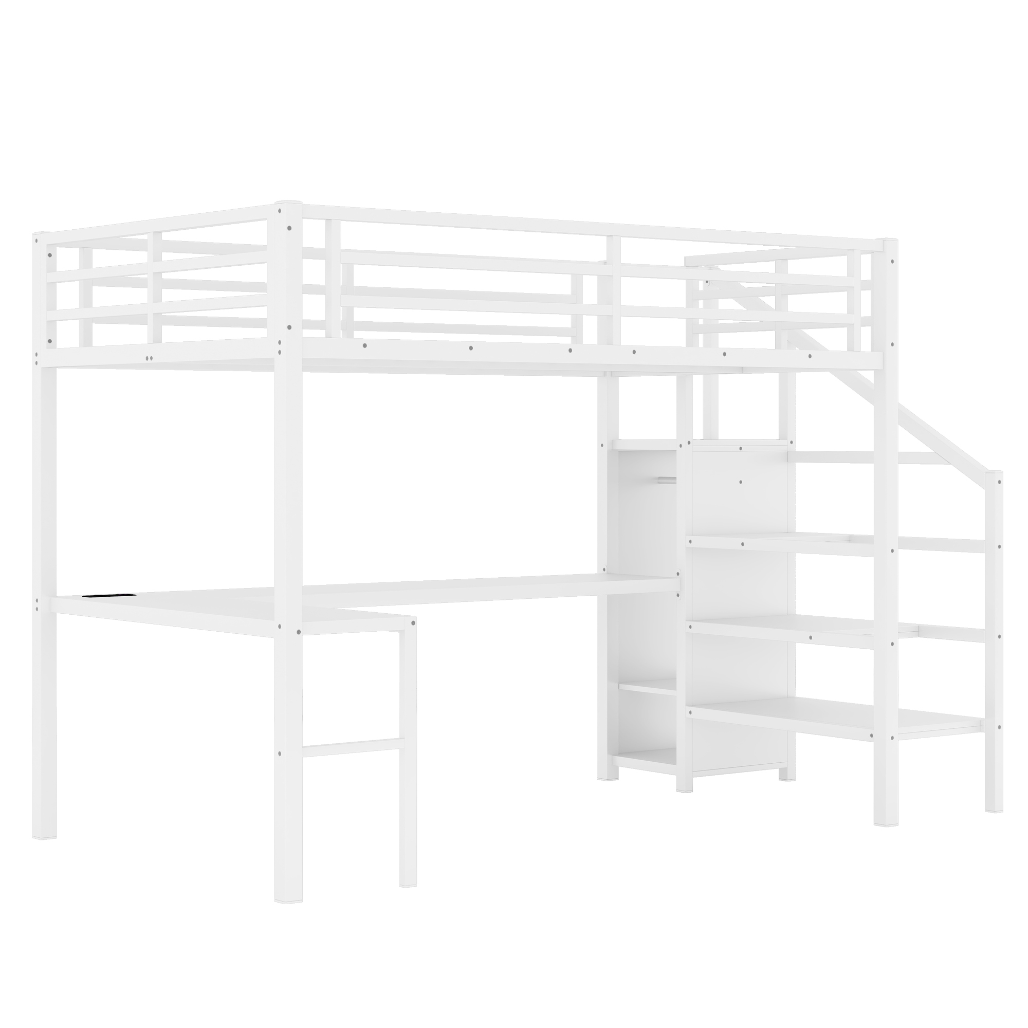 Full Size Loft Bed with L-shaped Desk and USB, Metal Loft Bed with Wardrobe and Adjustable Shelf, High Loft Bed with LED for Kids Teens Adults, White - Image 6