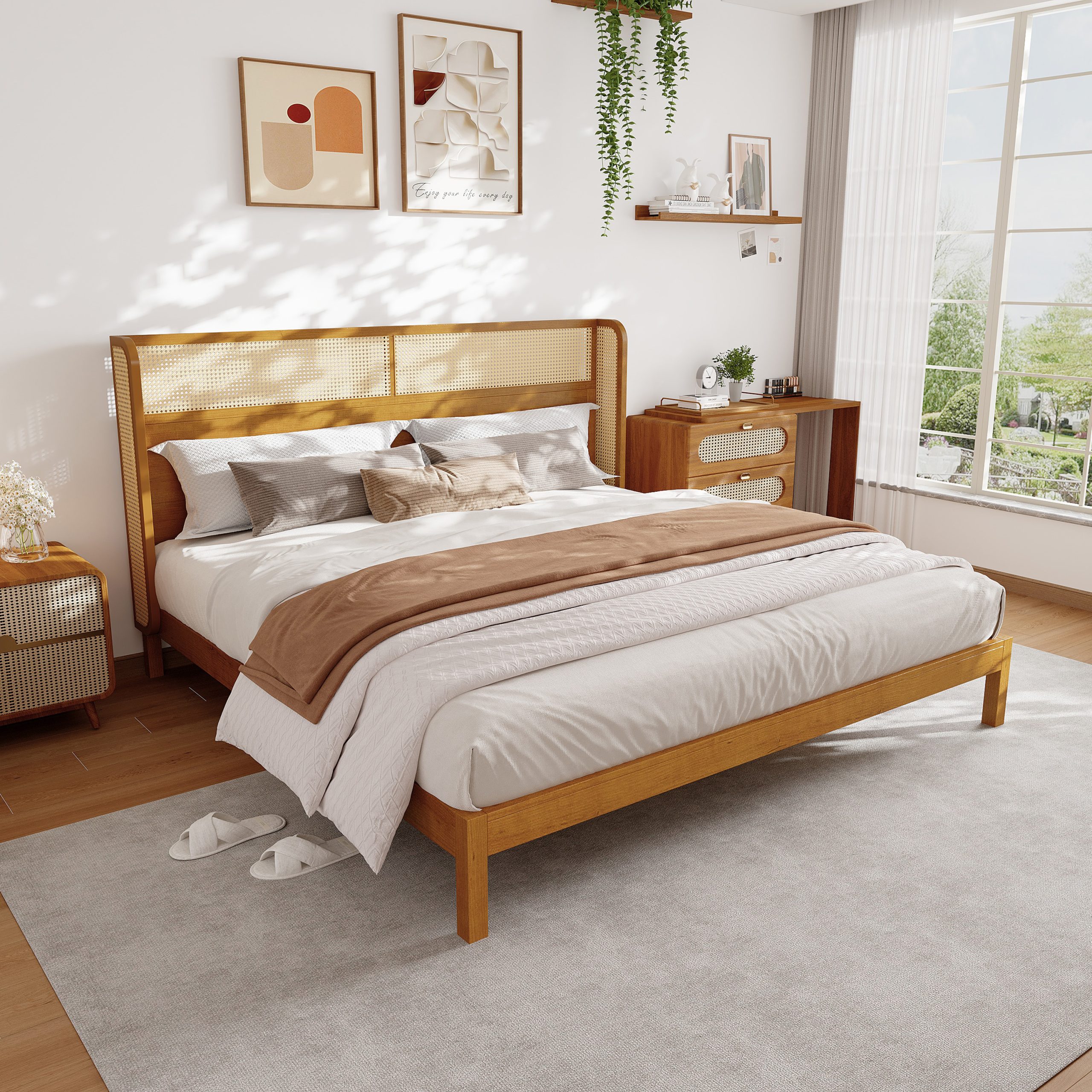 Premium Rubber Wood Platform Bed Frame, King Bed Frame with Headboard Included, Mid Century Modern Bed With Natural Color - Image 1