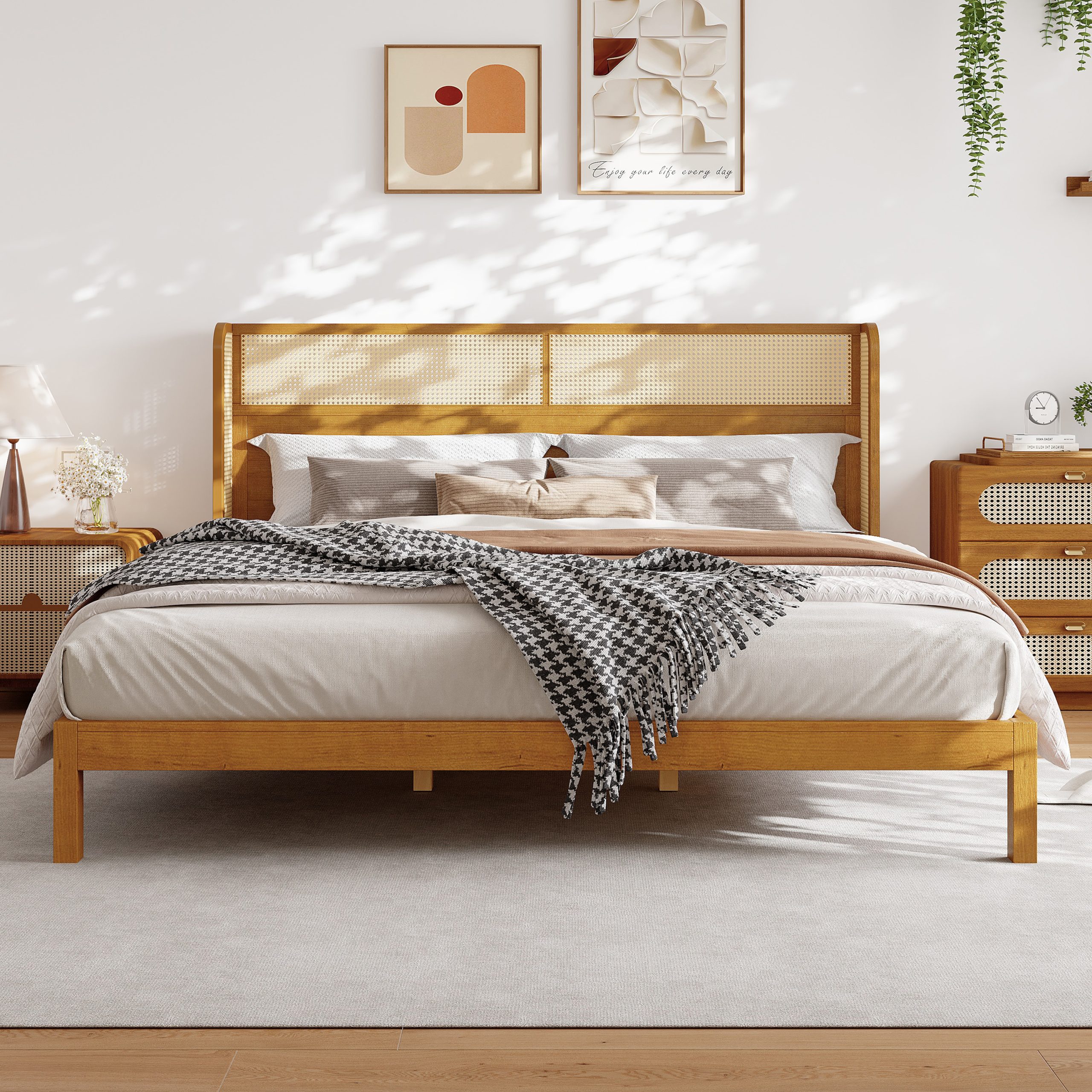 Premium Rubber Wood Platform Bed Frame, King Bed Frame with Headboard Included, Mid Century Modern Bed With Natural Color - Image 2
