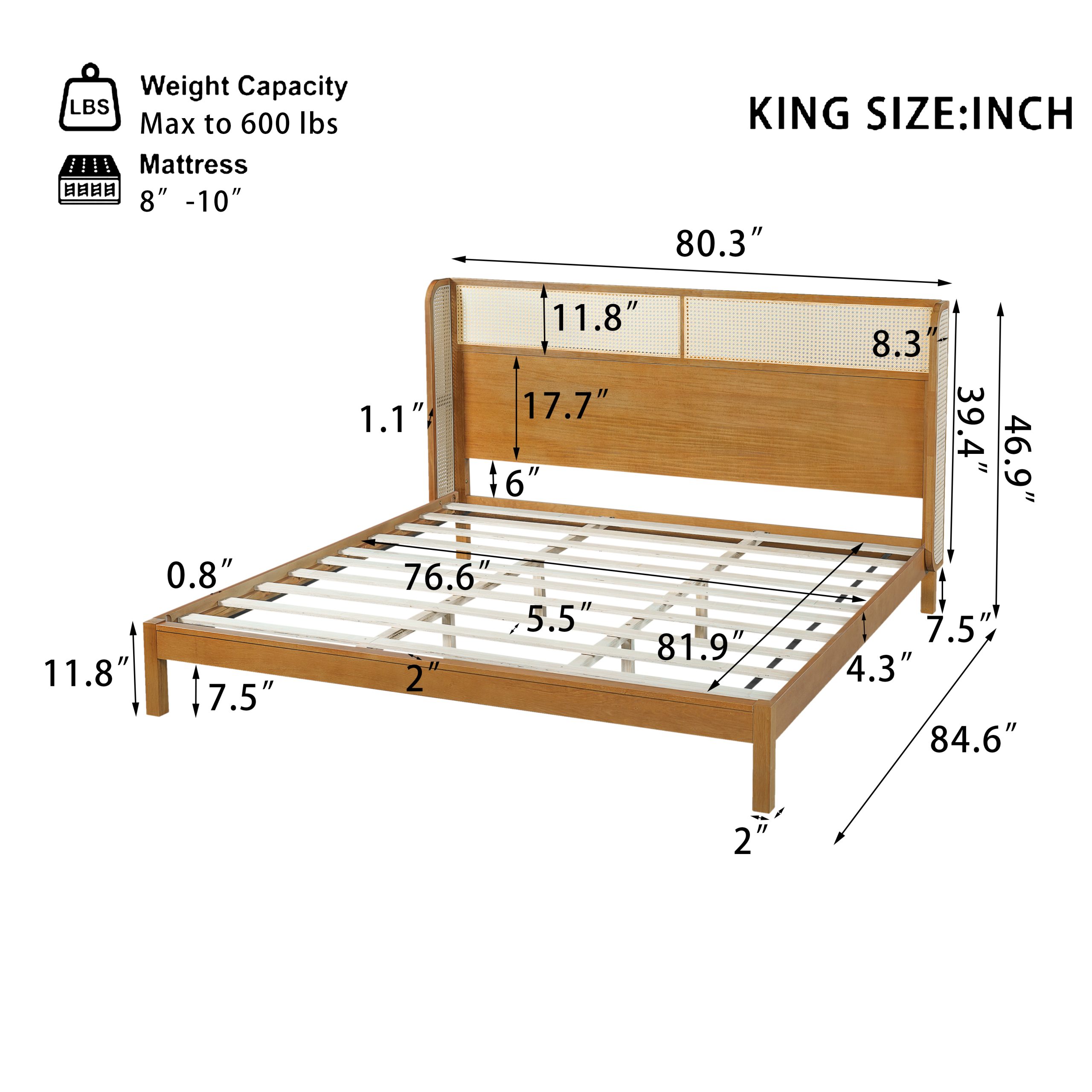 Premium Rubber Wood Platform Bed Frame, King Bed Frame with Headboard Included, Mid Century Modern Bed With Natural Color - Image 3