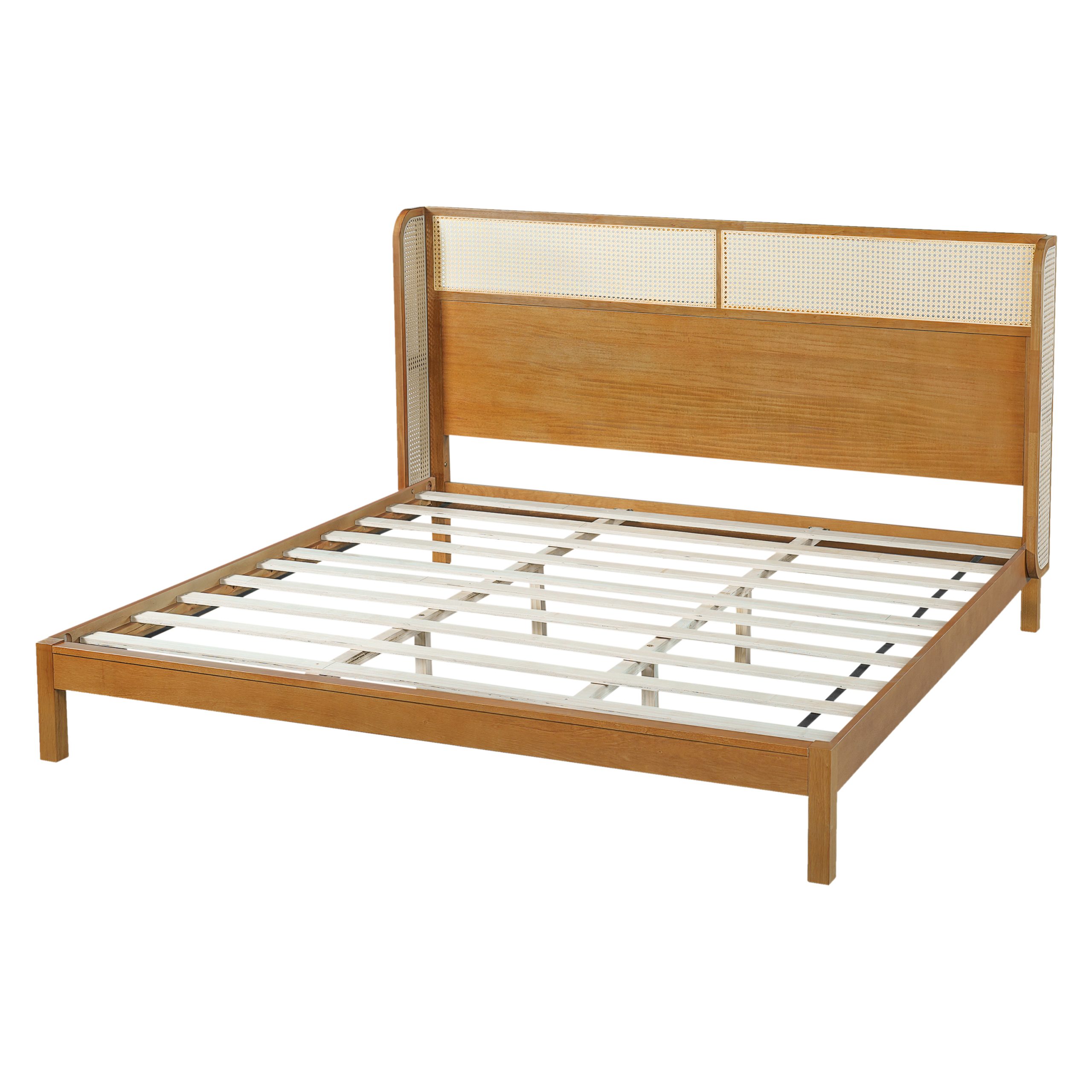 Premium Rubber Wood Platform Bed Frame, King Bed Frame with Headboard Included, Mid Century Modern Bed With Natural Color - Image 4