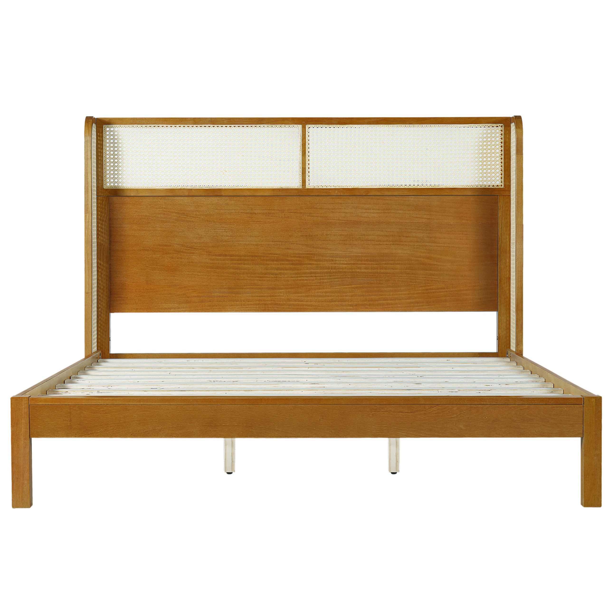 Premium Rubber Wood Platform Bed Frame, King Bed Frame with Headboard Included, Mid Century Modern Bed With Natural Color - Image 5