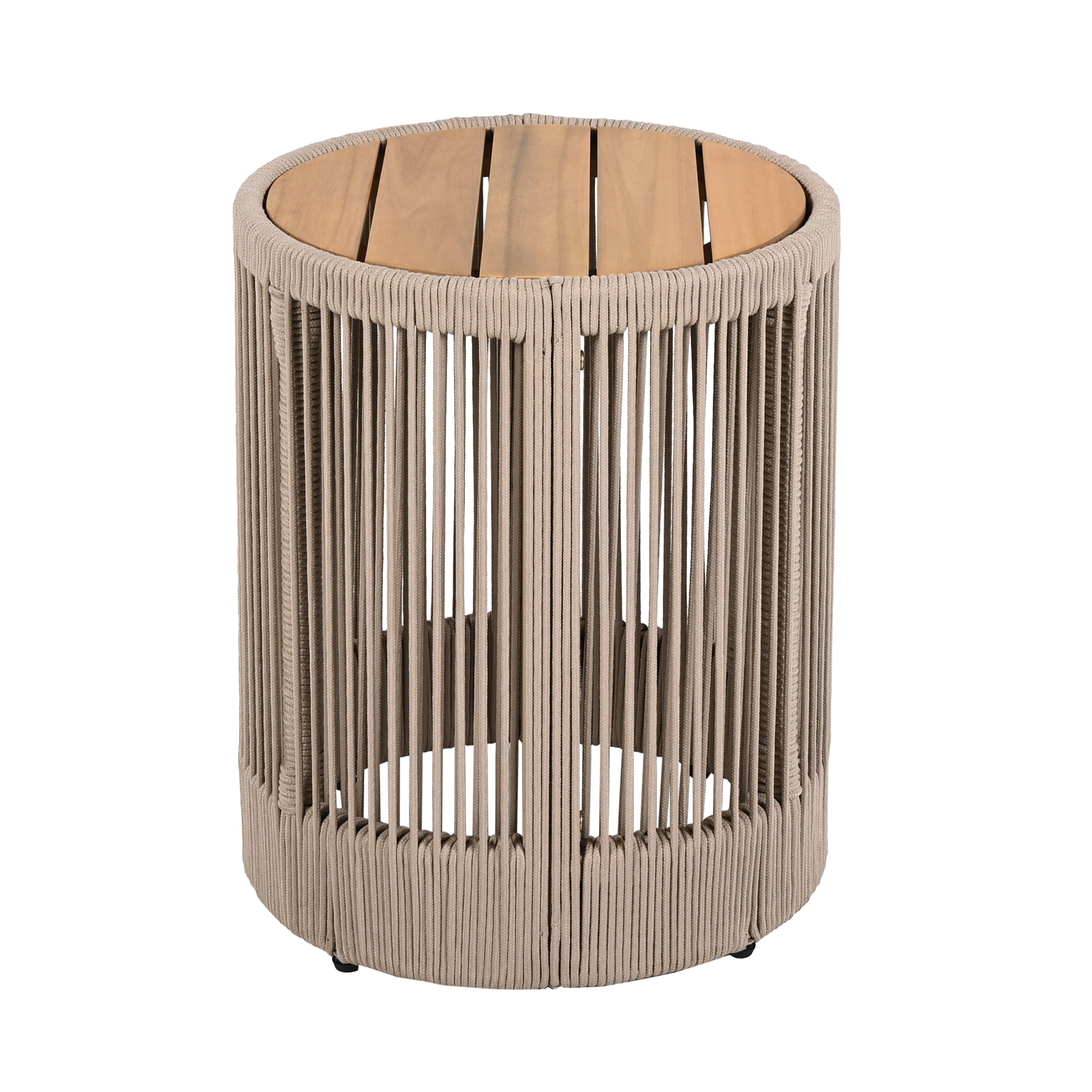 Outdoor Rattan rope & Acacia Wood Side Table - Patio Balcony Furniture for Garden, Yard, Balcony - Weather Resistant(Rope Beige, Natural Iron) - Image 5