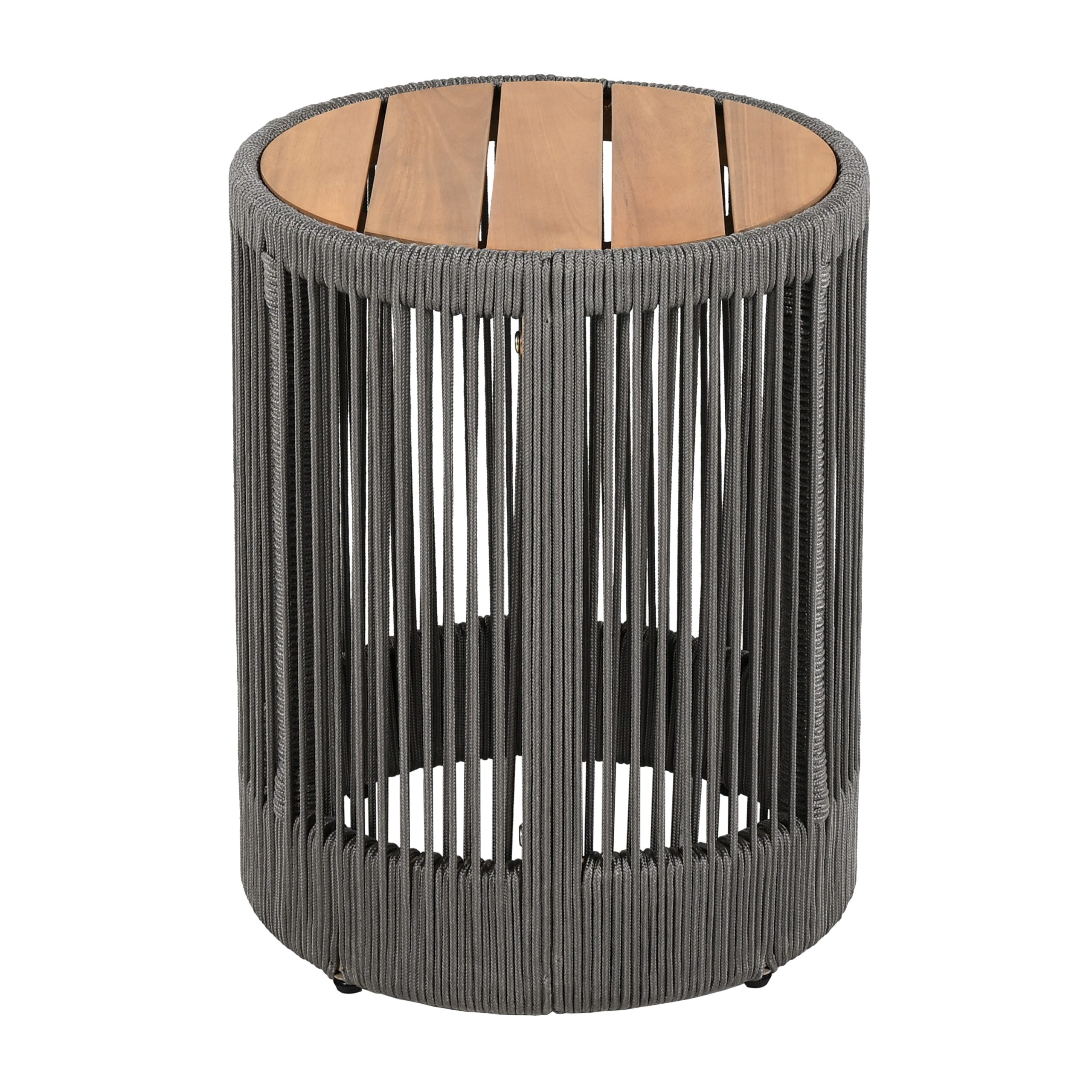 Outdoor Rattan rope & Acacia Wood Side Table - Patio Balcony Furniture for Garden, Yard, Balcony - Weather Resistant(Rope Grey, Natural Iron) - Image 4