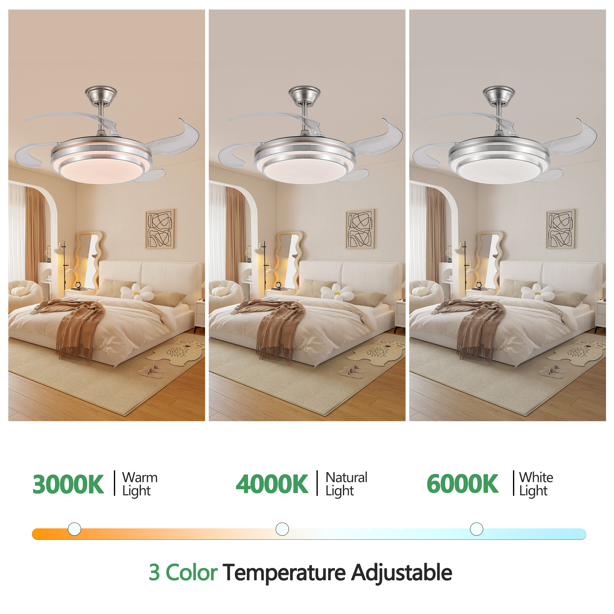 42 Inch 3 Tiers Design Modern LED Ceiling Fan with Light and Remote Control, Retractable Blades, Adjustable 6-Speed, Silent Operation DC Motor for Living Room, Bedroom, Dining Room - Image 6