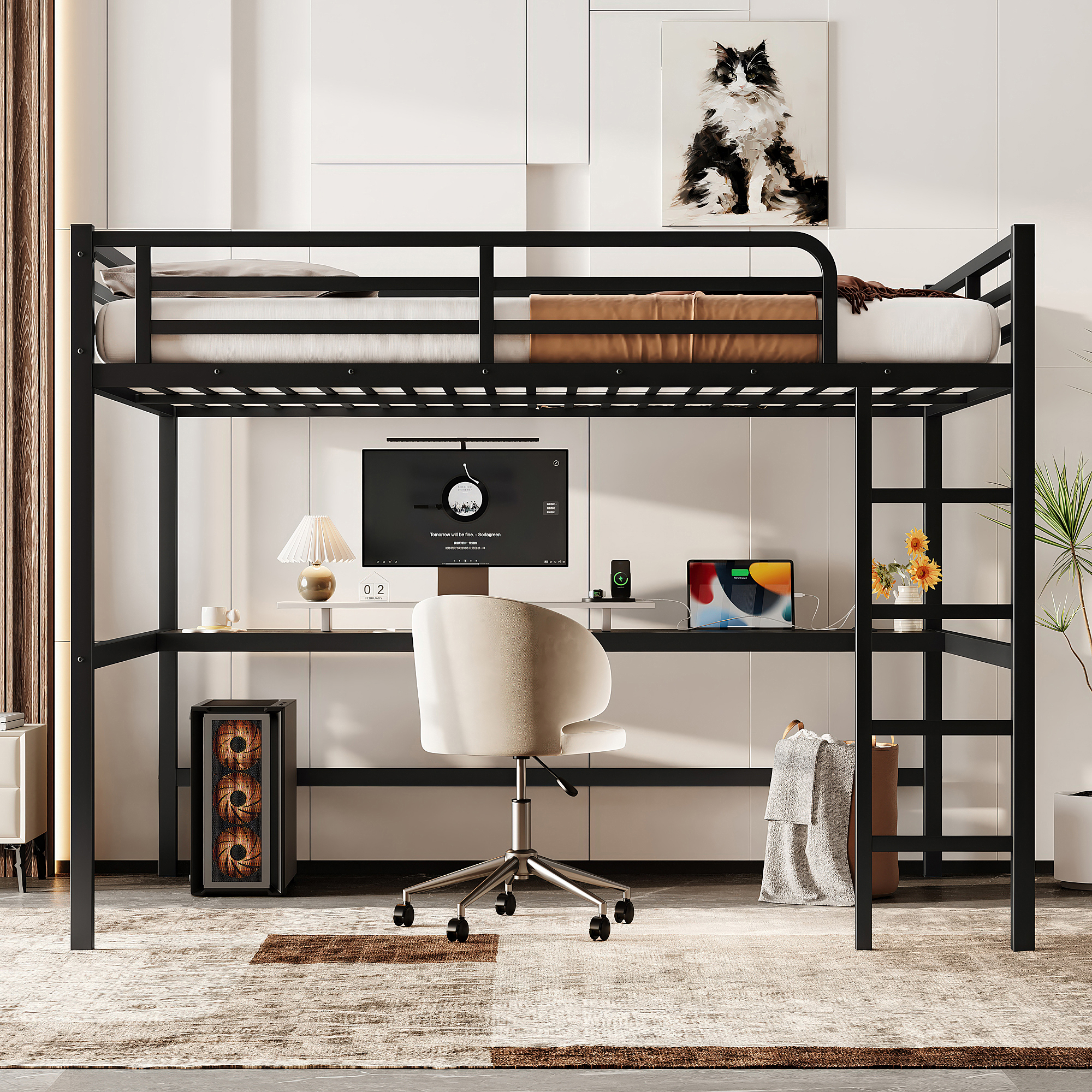 Metal Queen Size Loft Bed with Power Outlet and LED Lighted, Space-Saving, Noise Reduced, Black - Image 1