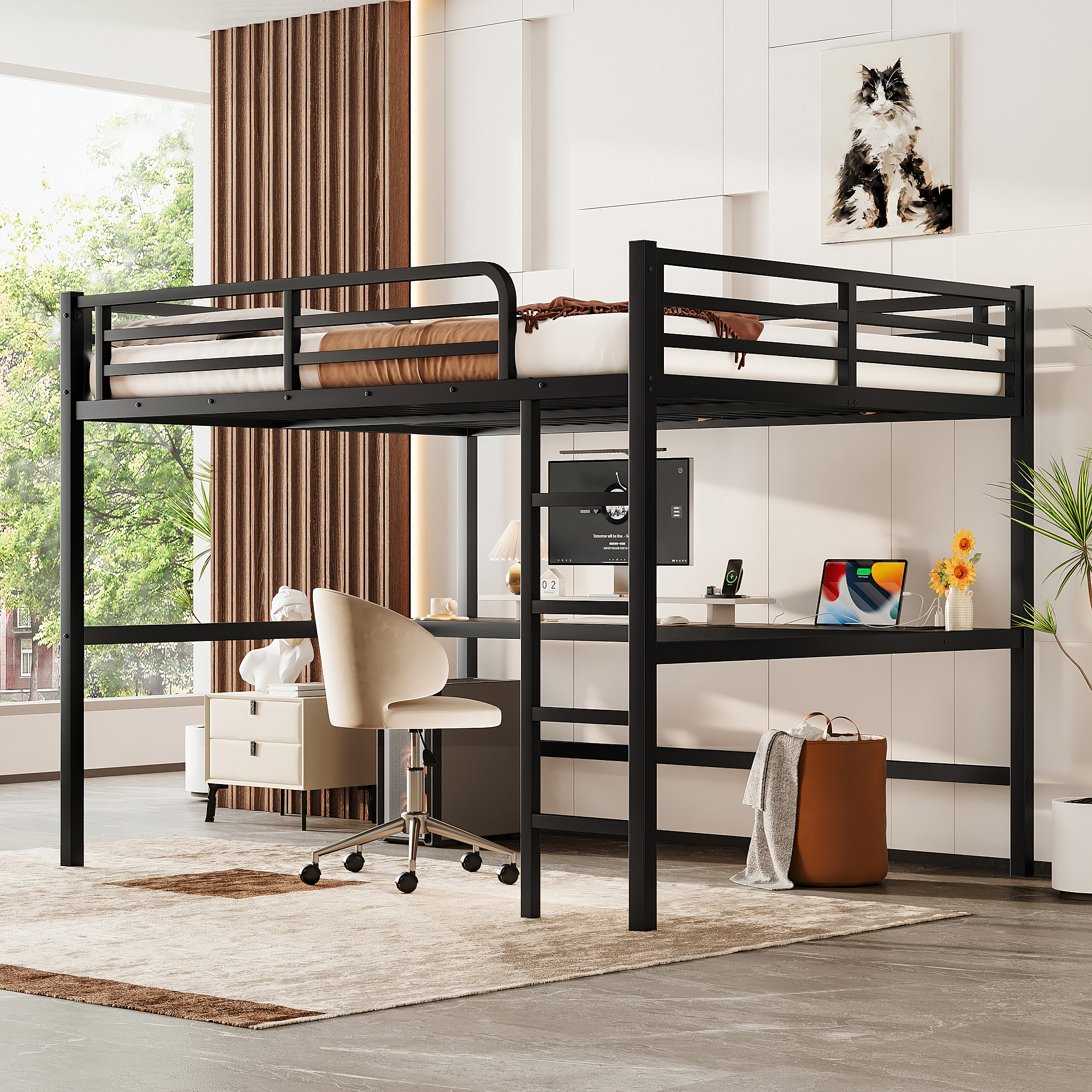 Metal Queen Size Loft Bed with Power Outlet and LED Lighted, Space-Saving, Noise Reduced, Black - Image 2