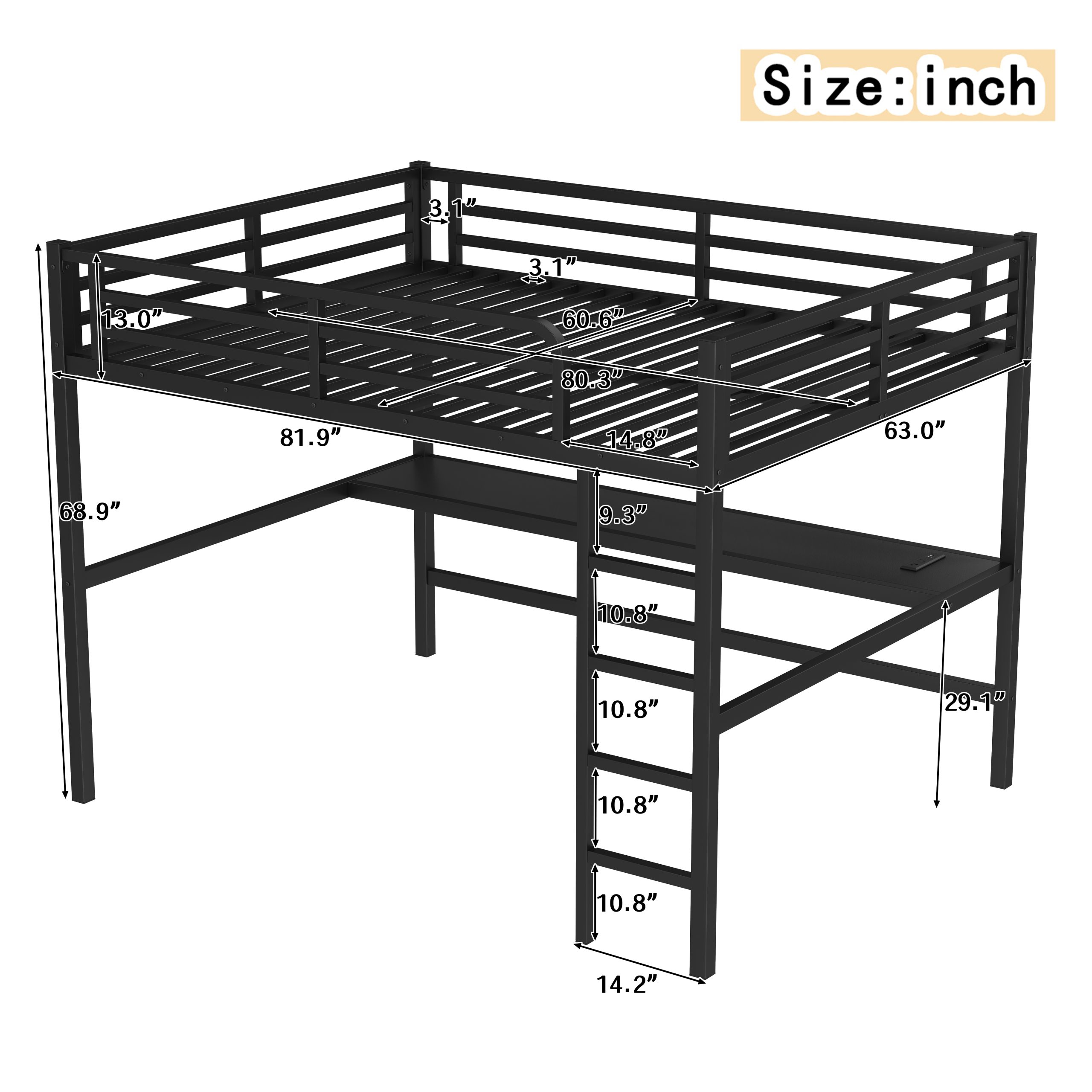 Metal Queen Size Loft Bed with Power Outlet and LED Lighted, Space-Saving, Noise Reduced, Black - Image 3