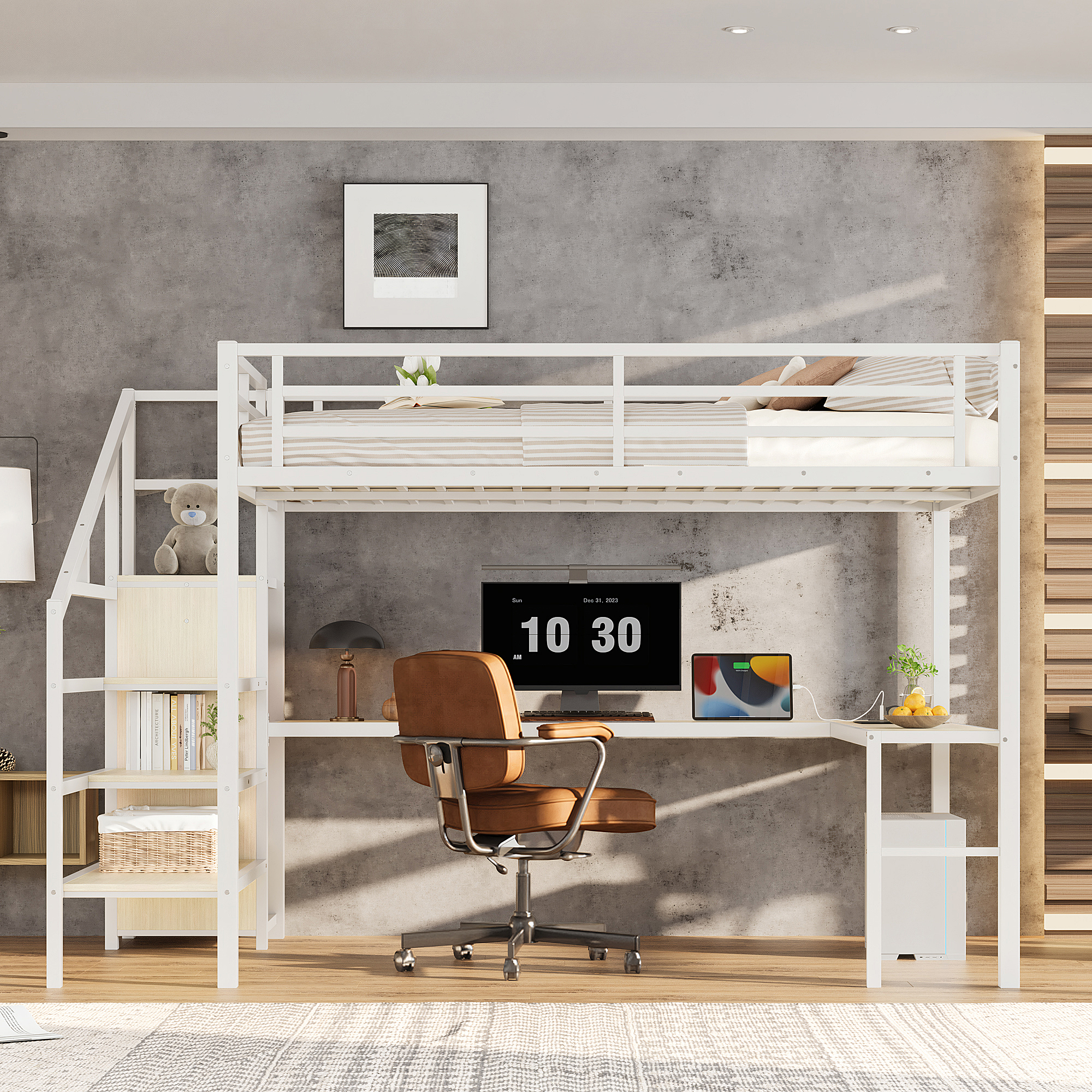 Queen Size Loft Bed with L-shaped Desk and USB, Metal Loft Bed with Wardrobe and Adjustable Shelf, High Loft Bed with LED for Kids Teens Adults, White Wood-grain - Image 2