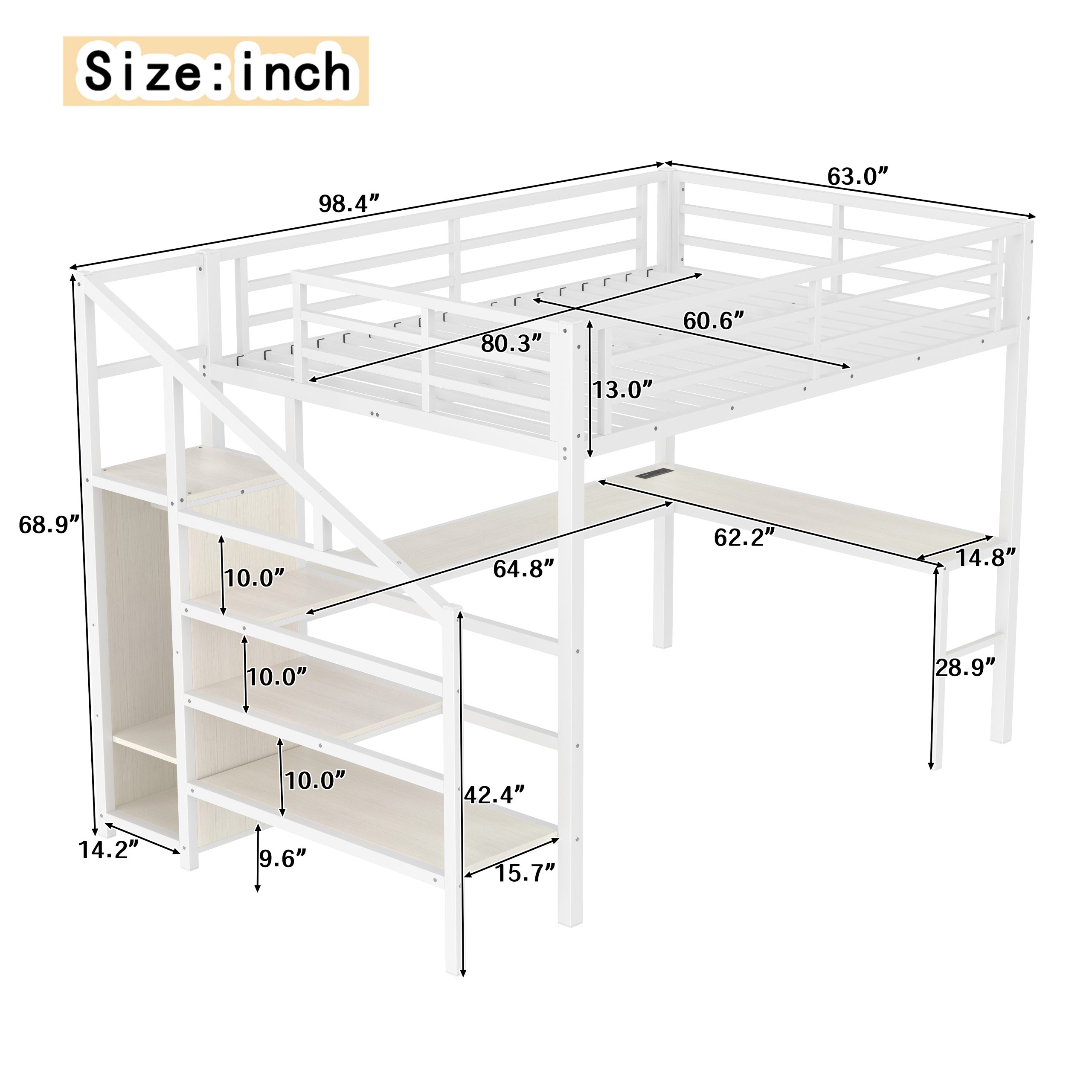 Queen Size Loft Bed with L-shaped Desk and USB, Metal Loft Bed with Wardrobe and Adjustable Shelf, High Loft Bed with LED for Kids Teens Adults, White Wood-grain - Image 3