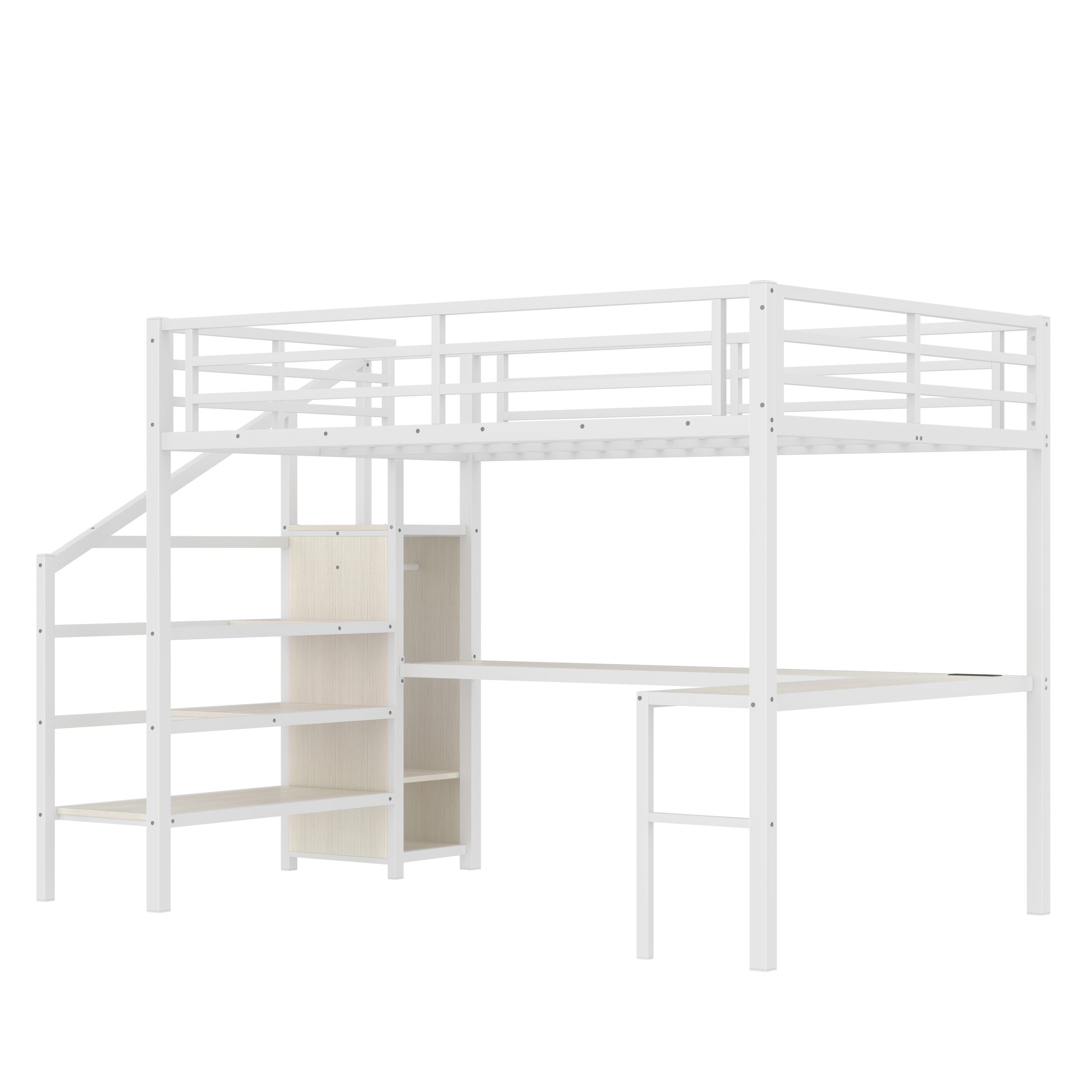 Queen Size Loft Bed with L-shaped Desk and USB, Metal Loft Bed with Wardrobe and Adjustable Shelf, High Loft Bed with LED for Kids Teens Adults, White Wood-grain - Image 4