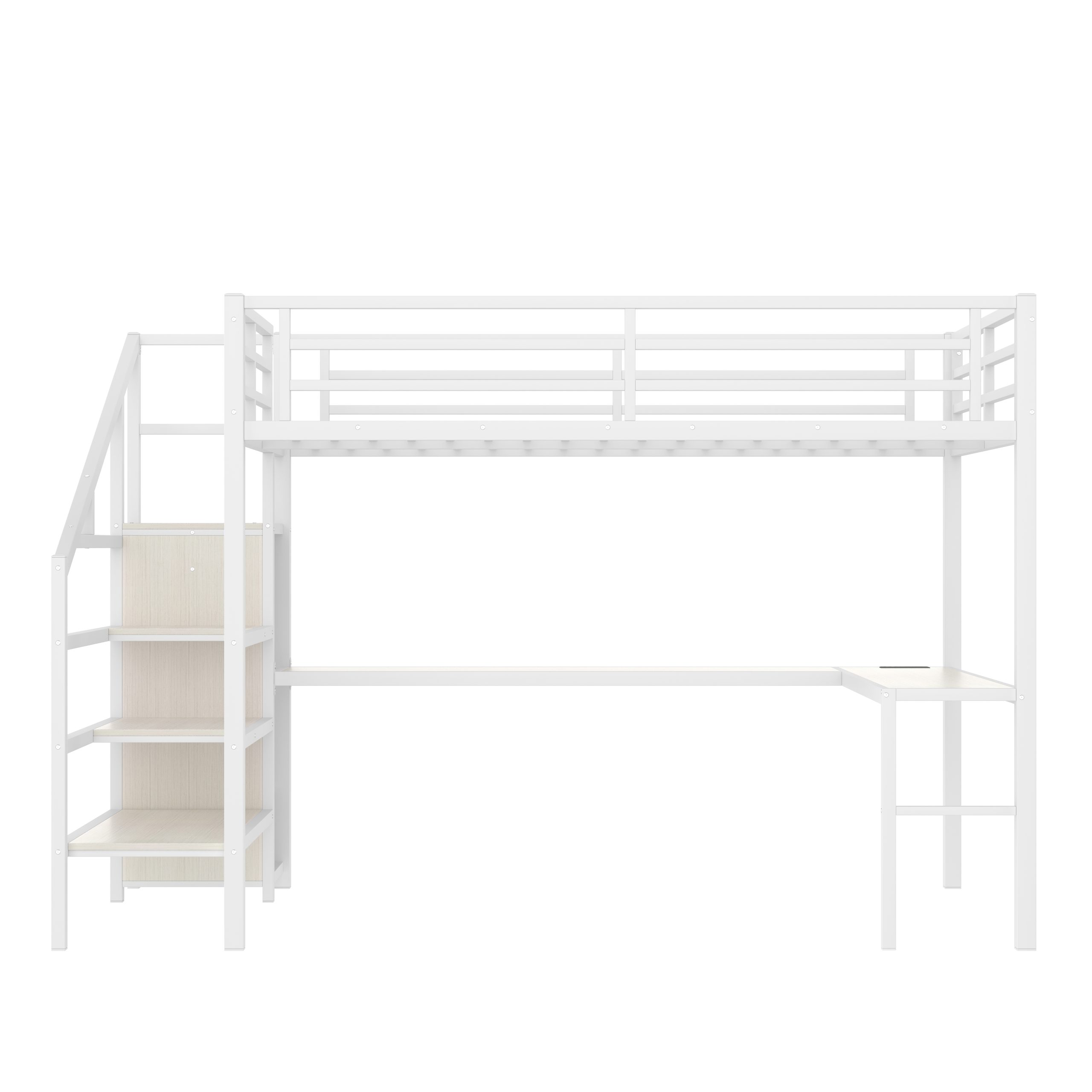 Queen Size Loft Bed with L-shaped Desk and USB, Metal Loft Bed with Wardrobe and Adjustable Shelf, High Loft Bed with LED for Kids Teens Adults, White Wood-grain - Image 5