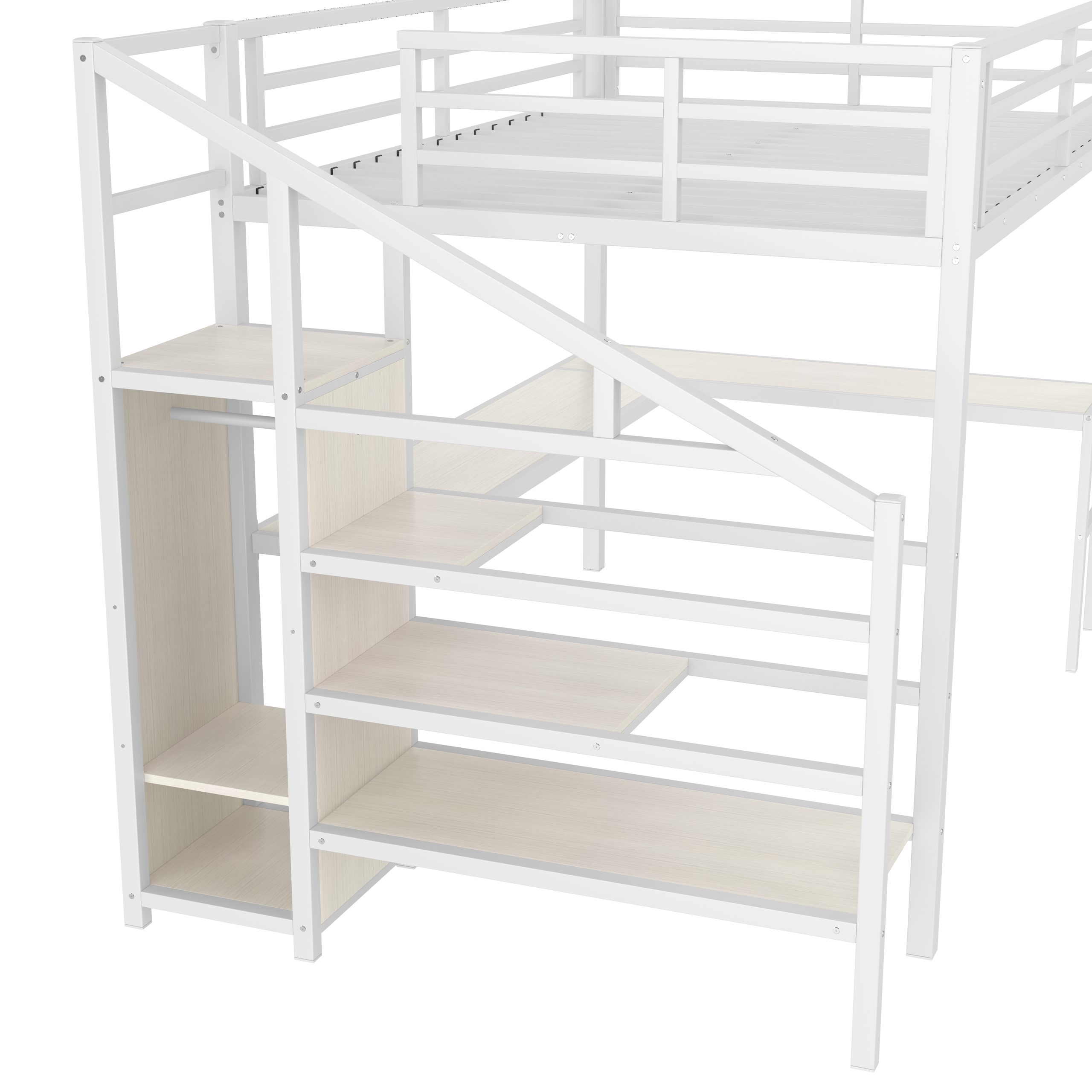 Queen Size Loft Bed with L-shaped Desk and USB, Metal Loft Bed with Wardrobe and Adjustable Shelf, High Loft Bed with LED for Kids Teens Adults, White Wood-grain - Image 6