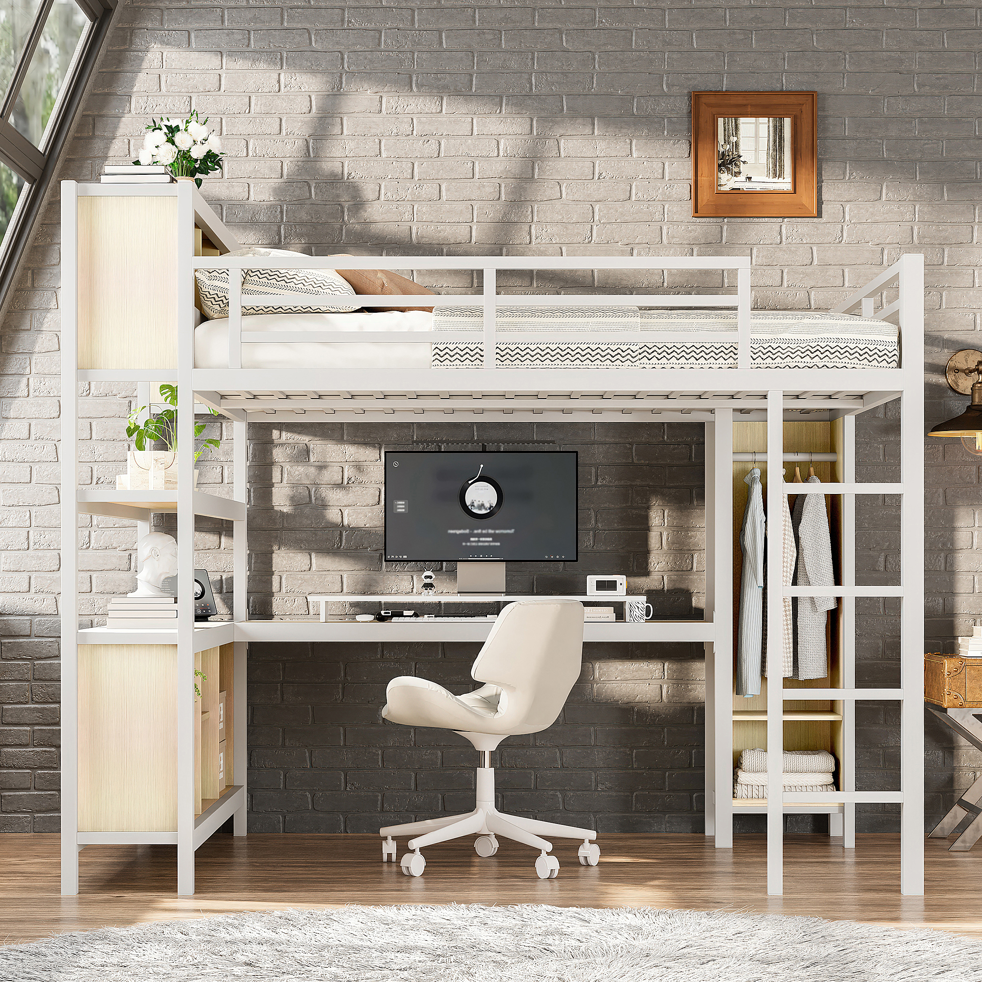 Metal Loft Bed with Wardrobe And L-shaped Desk, Queen Size Loft Bed with Storage Cubes and Shelves, Heavy Duty Loft Bed for Kids Teens Adults, White Wood-grain - Image 2