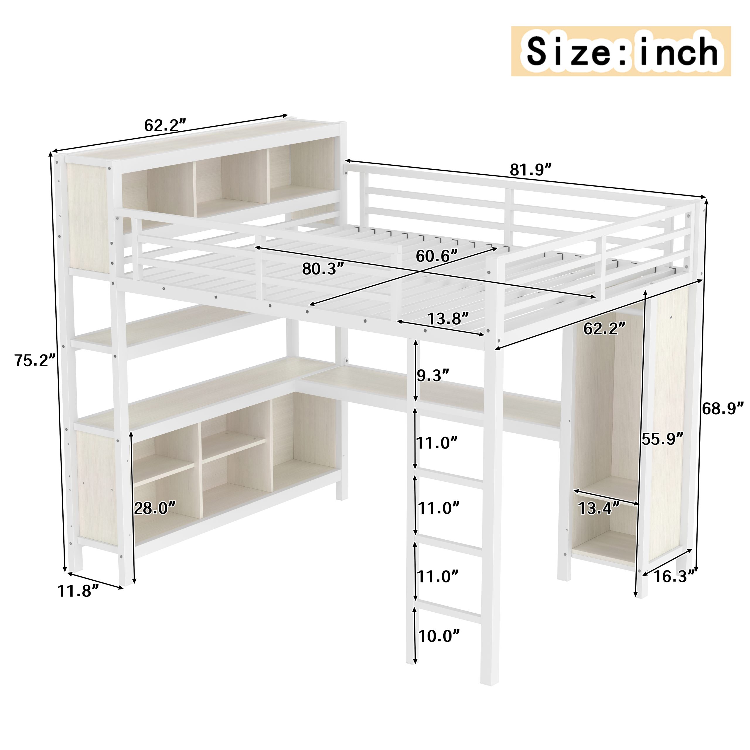 Metal Loft Bed with Wardrobe And L-shaped Desk, Queen Size Loft Bed with Storage Cubes and Shelves, Heavy Duty Loft Bed for Kids Teens Adults, White Wood-grain - Image 3
