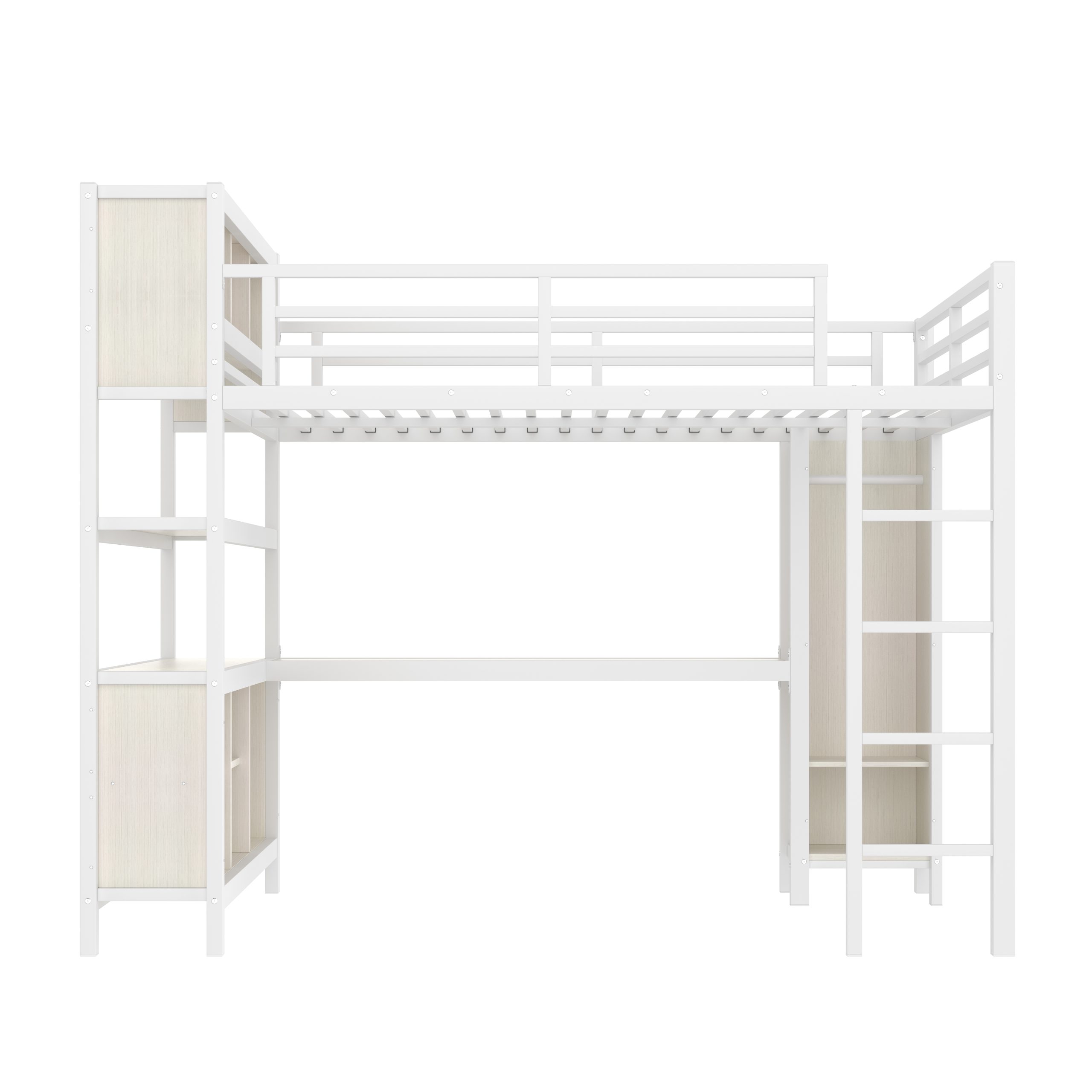 Metal Loft Bed with Wardrobe And L-shaped Desk, Queen Size Loft Bed with Storage Cubes and Shelves, Heavy Duty Loft Bed for Kids Teens Adults, White Wood-grain - Image 4