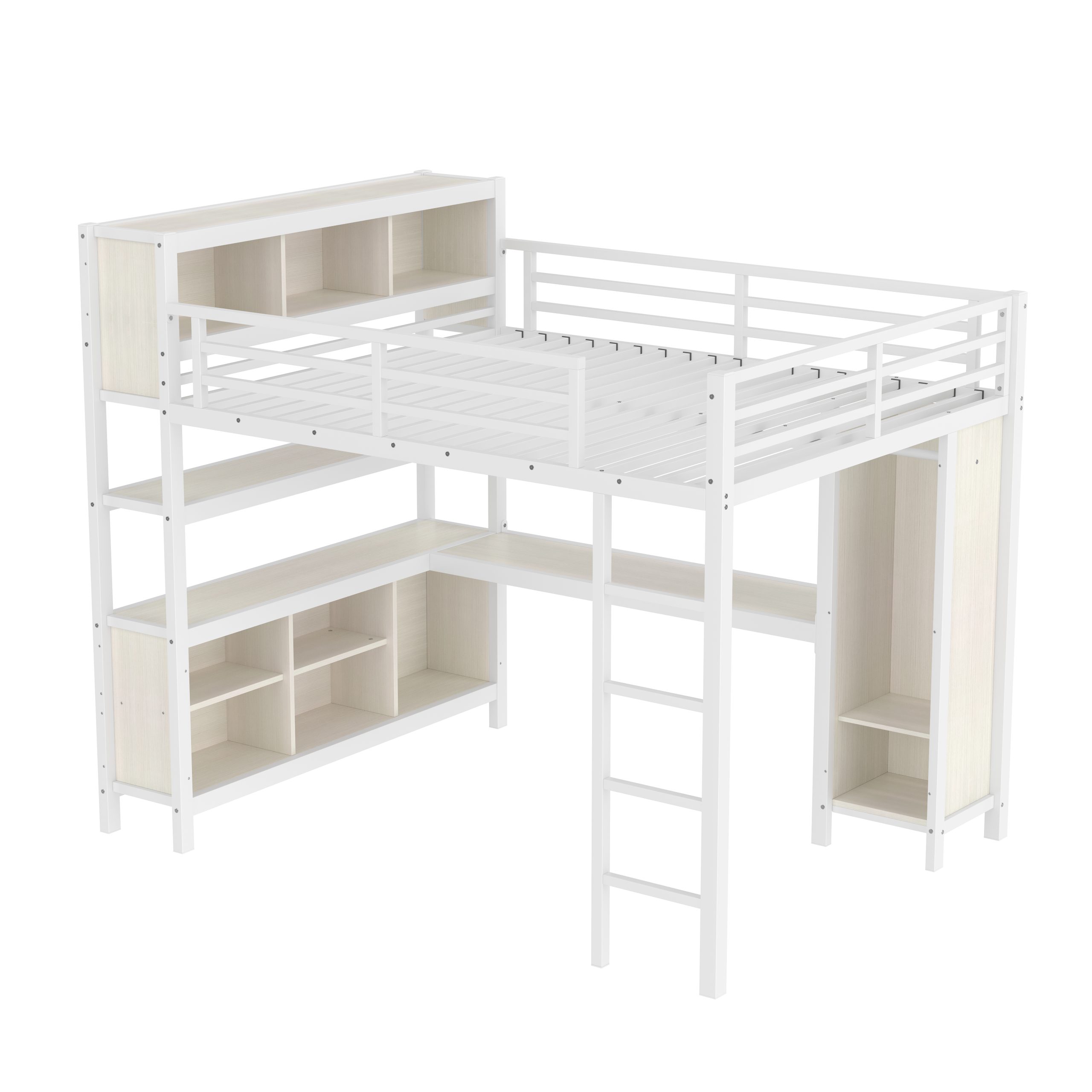 Metal Loft Bed with Wardrobe And L-shaped Desk, Queen Size Loft Bed with Storage Cubes and Shelves, Heavy Duty Loft Bed for Kids Teens Adults, White Wood-grain - Image 5