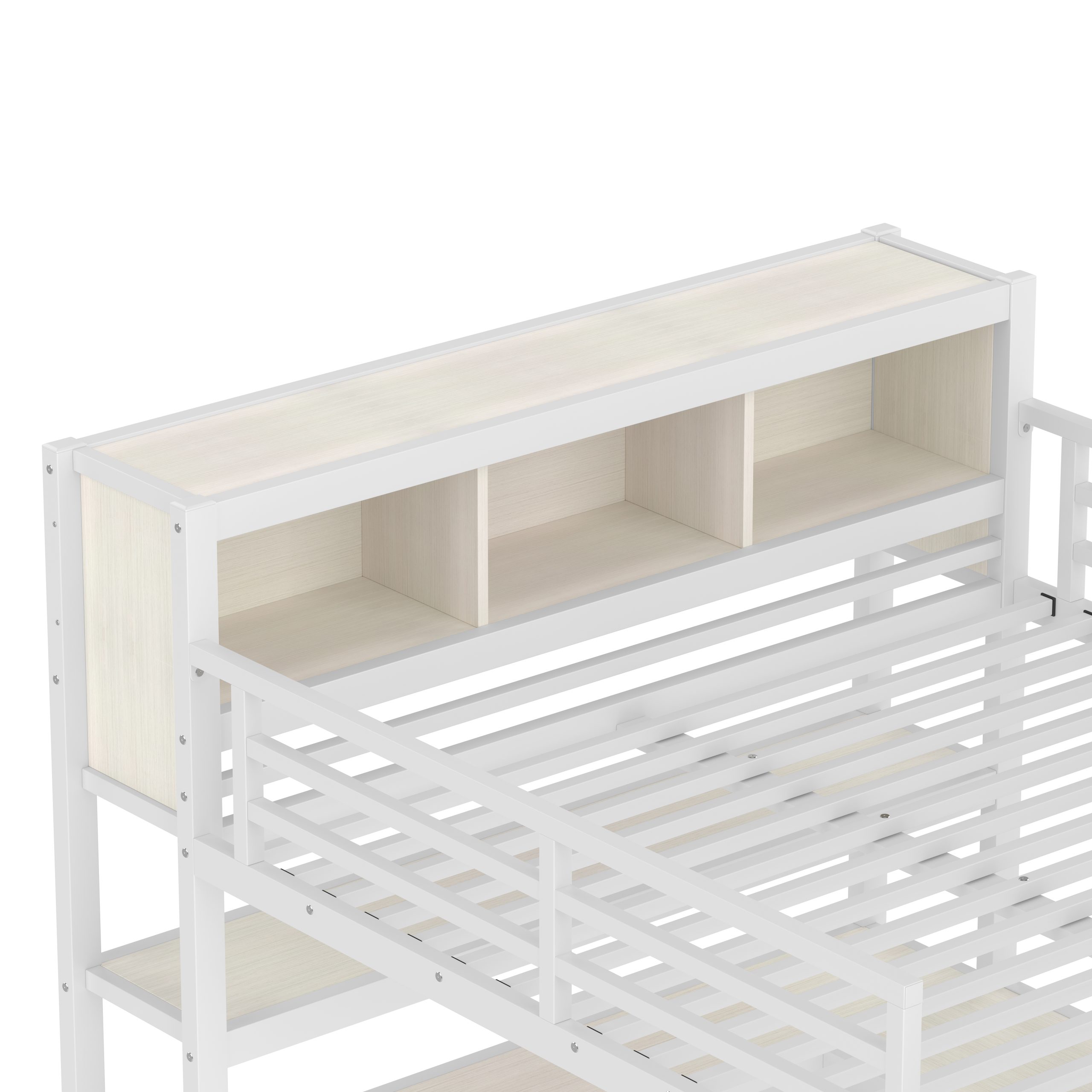 Metal Loft Bed with Wardrobe And L-shaped Desk, Queen Size Loft Bed with Storage Cubes and Shelves, Heavy Duty Loft Bed for Kids Teens Adults, White Wood-grain - Image 6