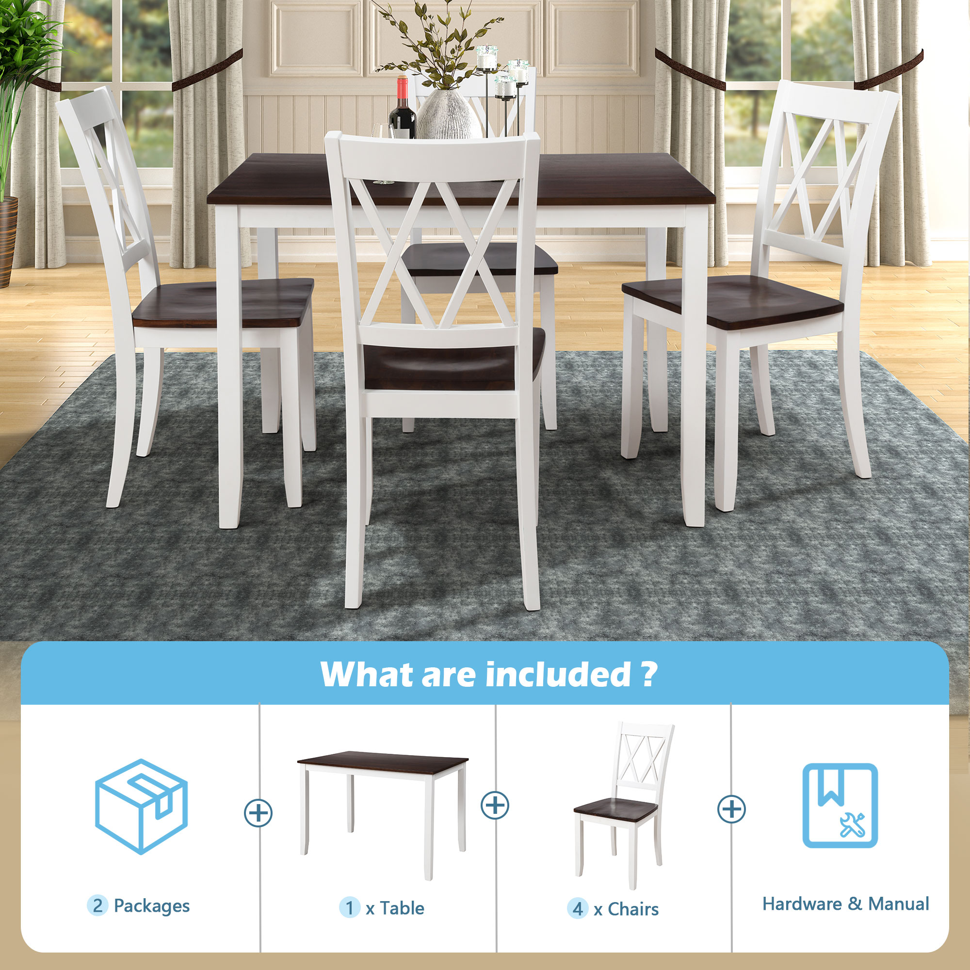TOPMAX 5-Piece Dining Table Set Home Kitchen Table and Chairs Wood Dining Set, Espresso+White - Image 6