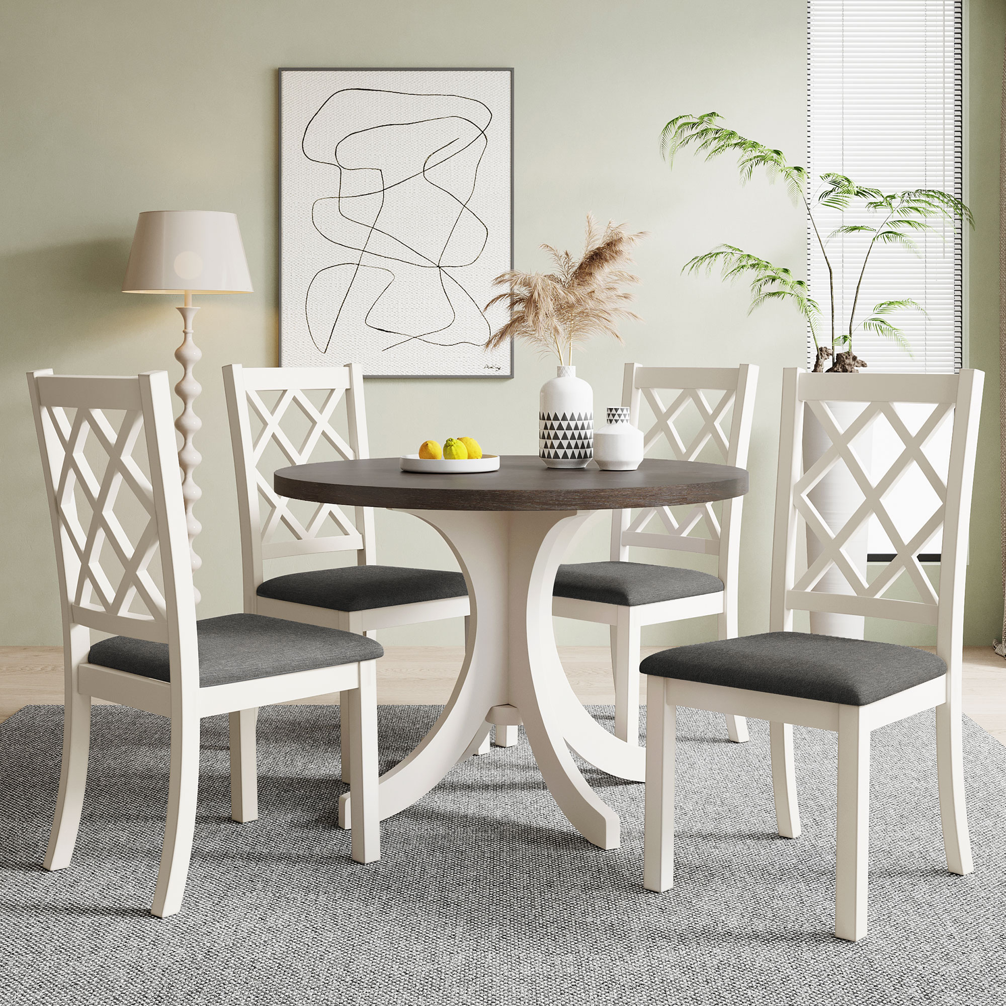 TOPMAX Mid-Century Solid Wood 5-Piece Round Dining Table Set, Kitchen Table Set with Upholstered Chairs for Small Places, Brown Table+Gray Chair(old sku:SH000226AAE)