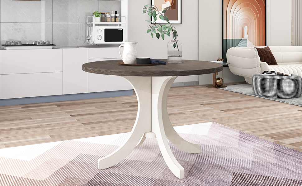 TOPMAX Mid-Century Solid Wood 5-Piece Round Dining Table Set, Kitchen Table Set with Upholstered Chairs for Small Places, Brown Table+Gray Chair(old sku:SH000226AAE) - Image 3