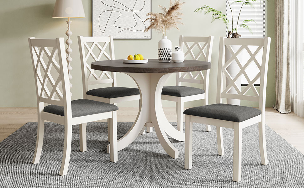 TOPMAX Mid-Century Solid Wood 5-Piece Round Dining Table Set, Kitchen Table Set with Upholstered Chairs for Small Places, Brown Table+Gray Chair(old sku:SH000226AAE) - Image 5