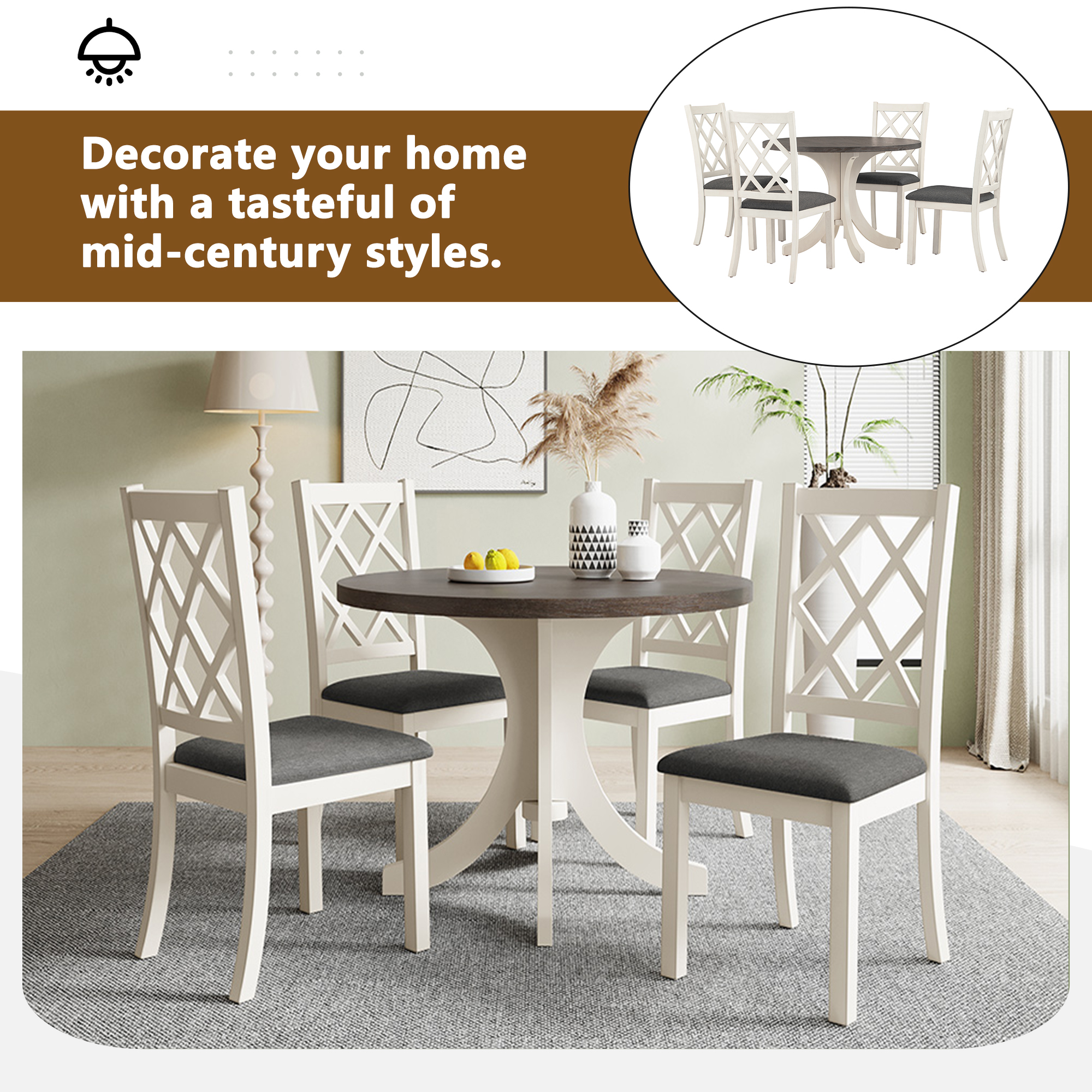 TOPMAX Mid-Century Solid Wood 5-Piece Round Dining Table Set, Kitchen Table Set with Upholstered Chairs for Small Places, Brown Table+Gray Chair(old sku:SH000226AAE) - Image 6